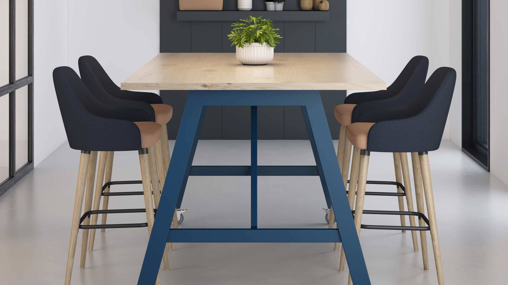 Elite Office Furniture Alto Poseur Height Table Wood Top Blue Frame In Office Setting