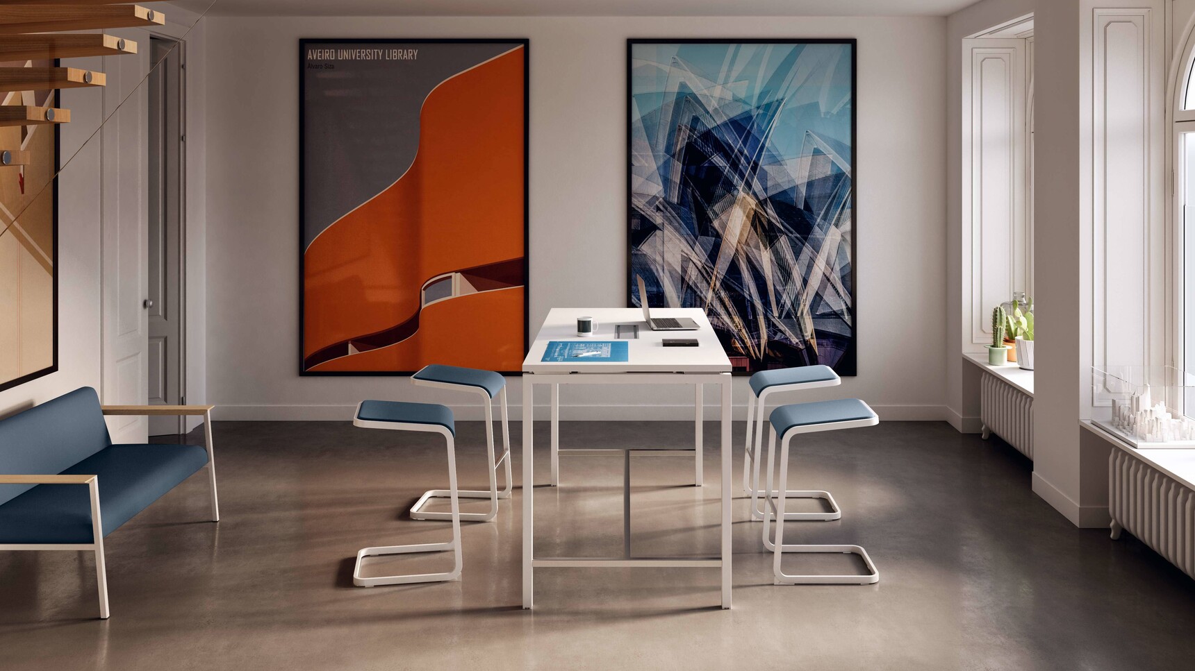 Quadrifoglio Creo Poseur Height Table White Finish With Stools Family Image