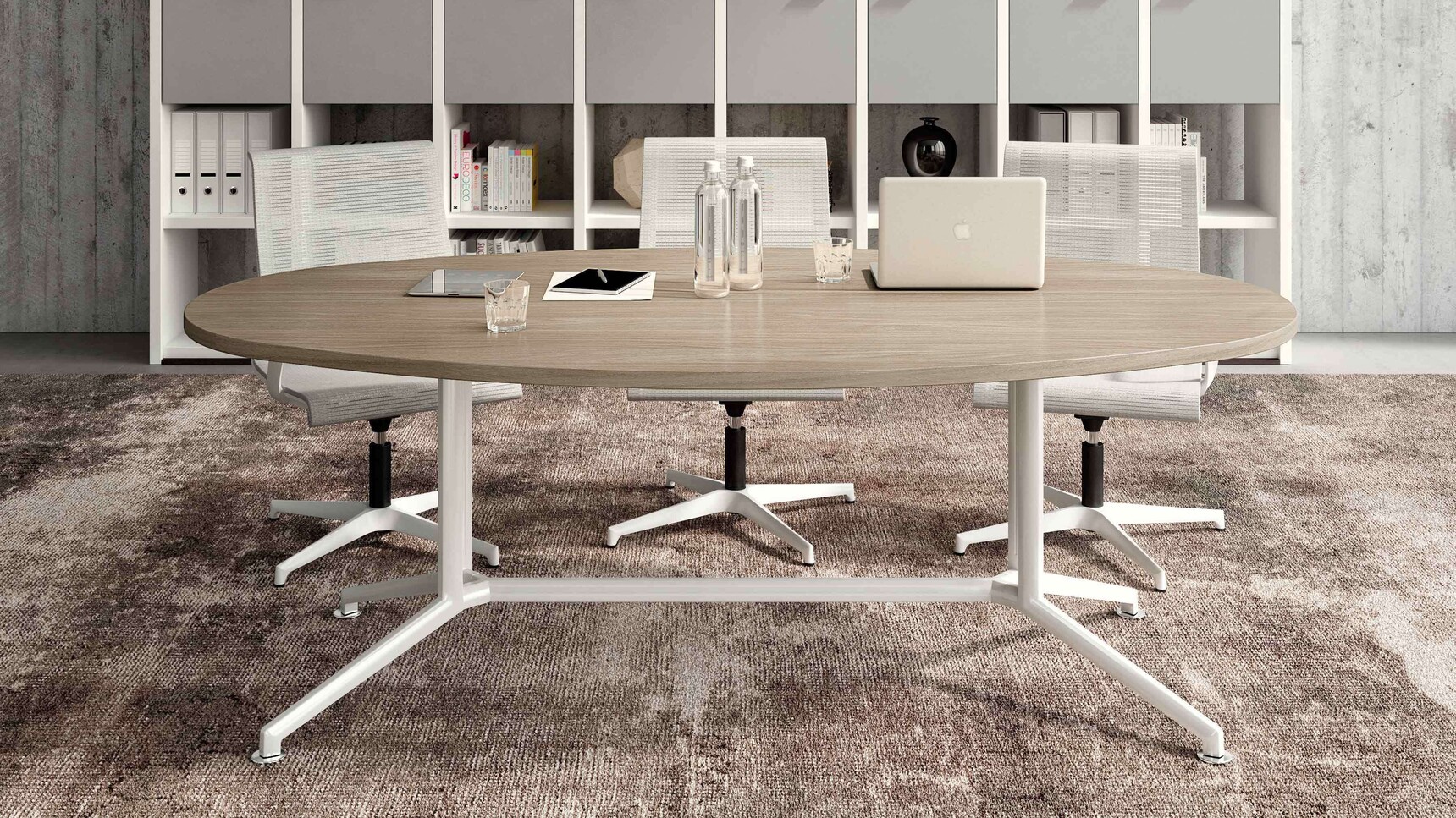 Quadrifoglio X-Time Work Meeting Table Wood Top White Base In Office Setting