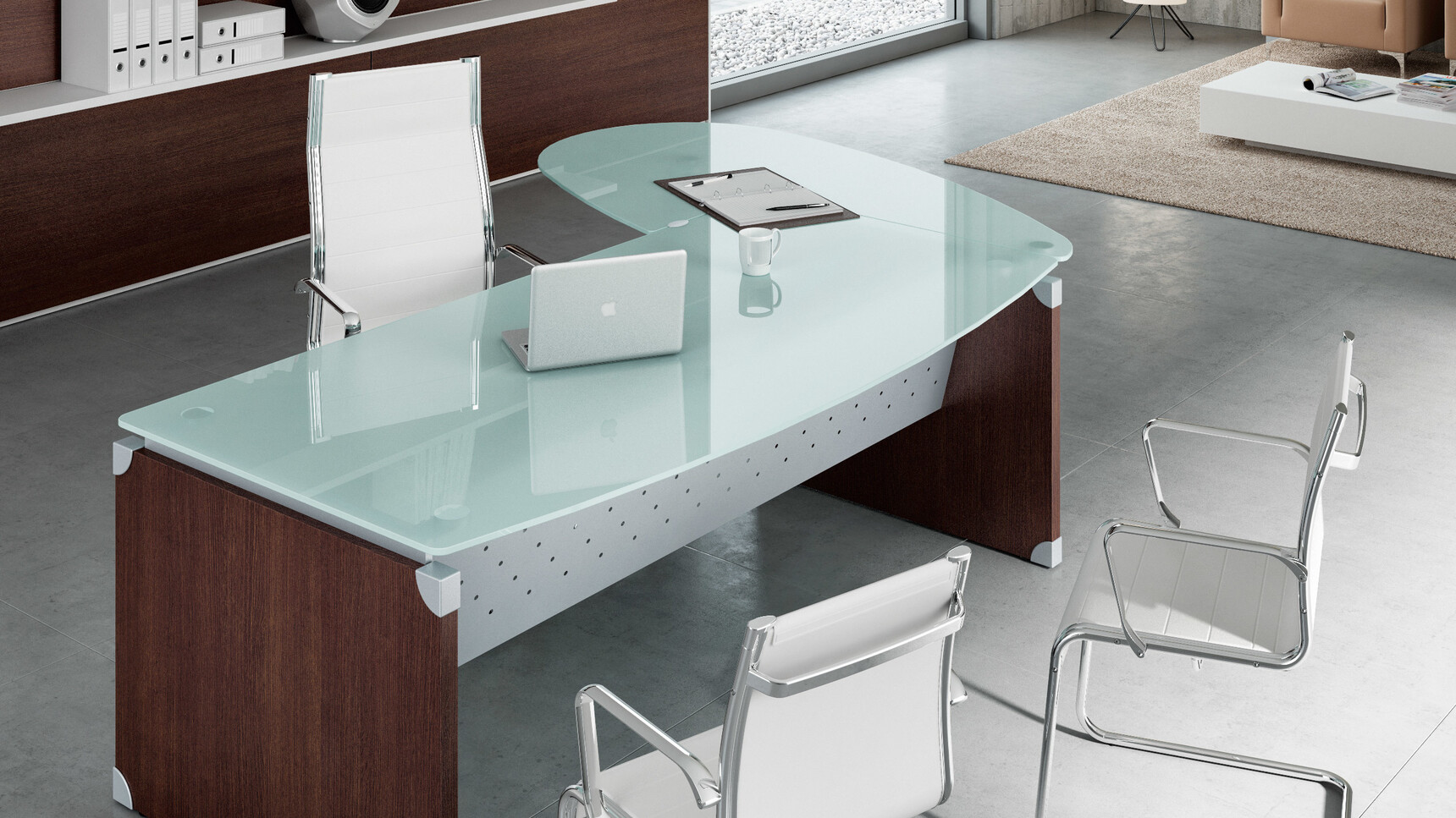 Quadrifoglio X-Time Work Executive Desk With Glass Top & Stop Legs With Chair At Desk In Office Setting