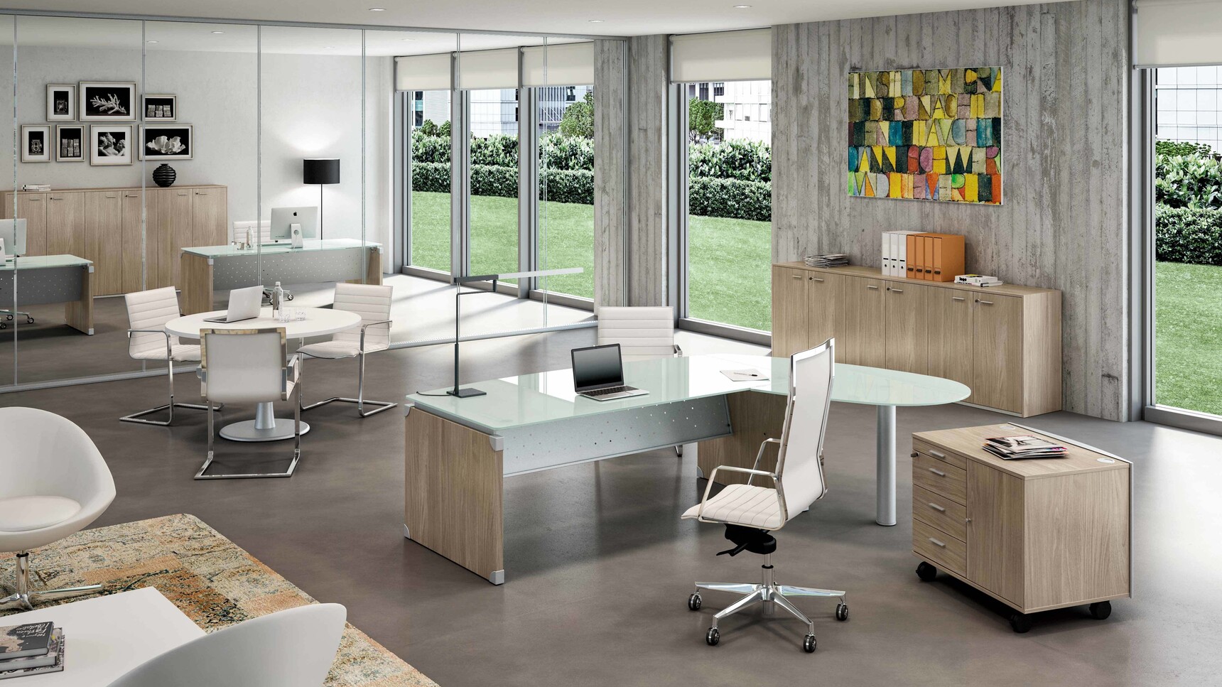 Quadrifoglio X-Time Work Executive Desk With Glass Top & Stop Legs With Chair In Leather At Desk In Office Environment