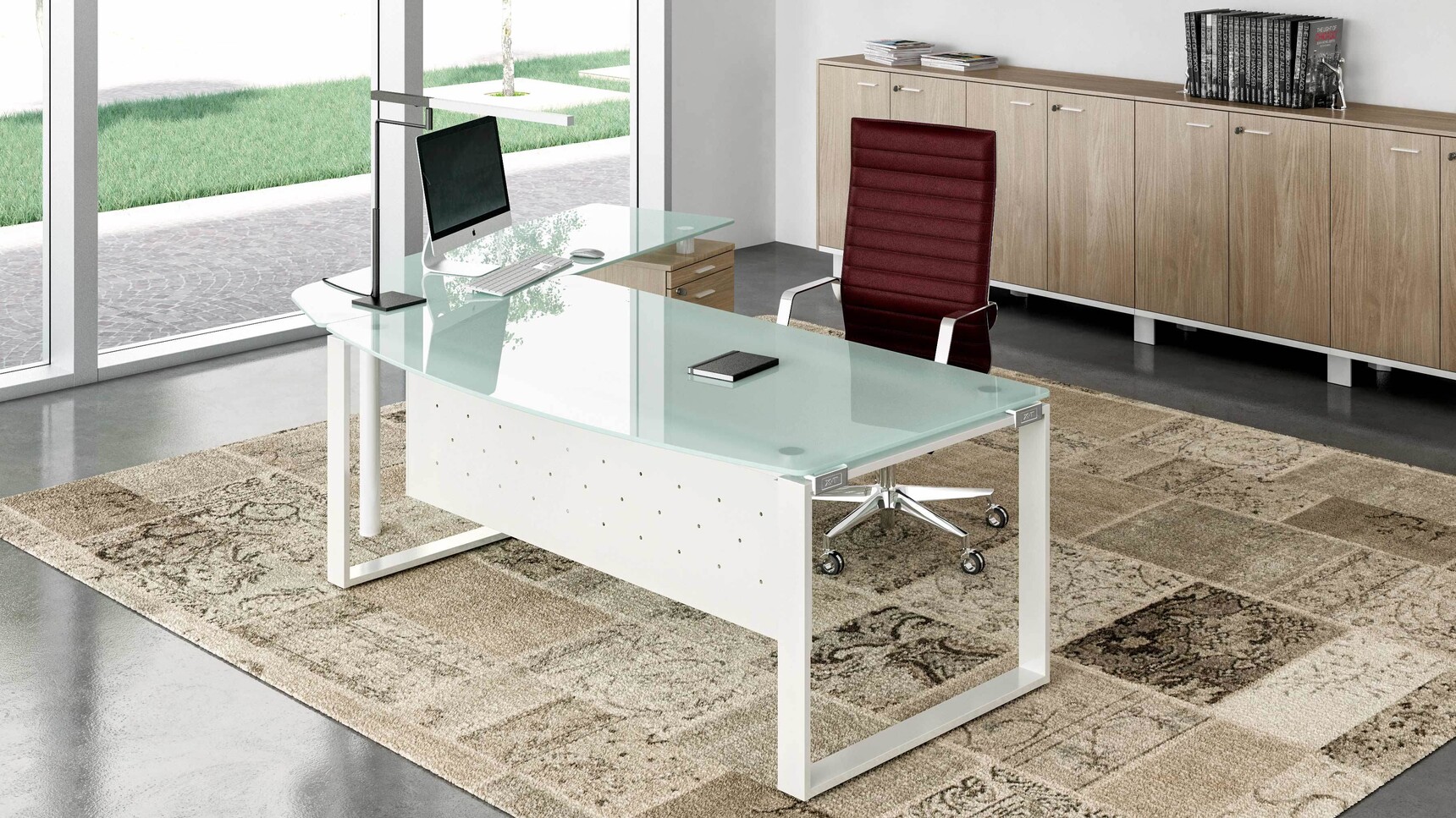Quadrifoglio X-Time Work Glass Executive Desk With Return & Pedestal White Frame Family Image