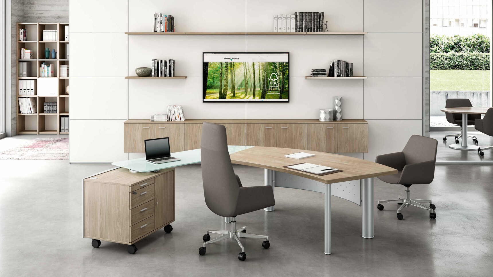 Quadrifoglio X-Time Work MFC Executive Desk With Glass Return & Mobile Credenza In Office Setting