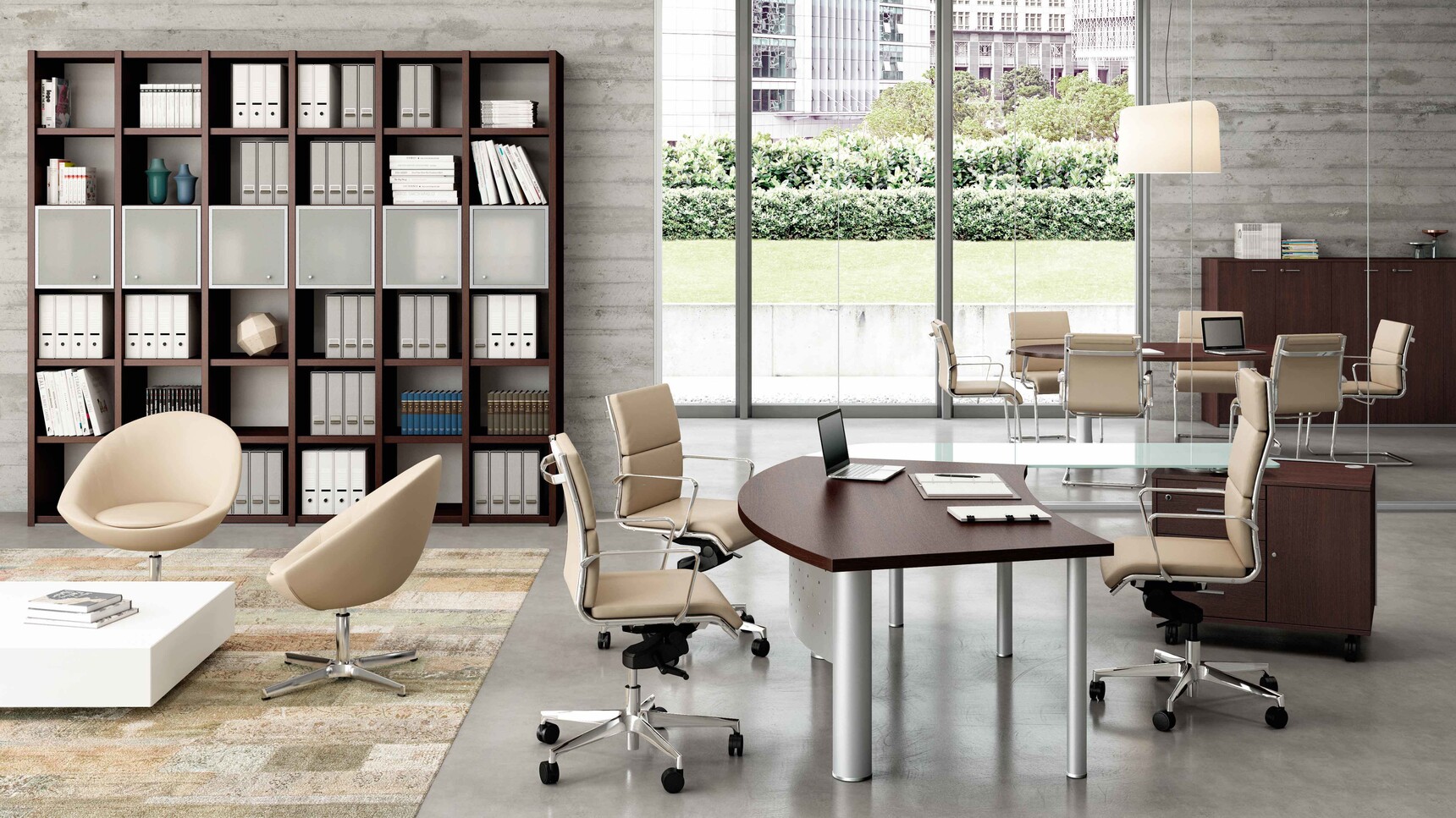 Quadrifoglio X-Time Work MFC Executive Desk With Glass Return & Mobile Credenza In Office Environment