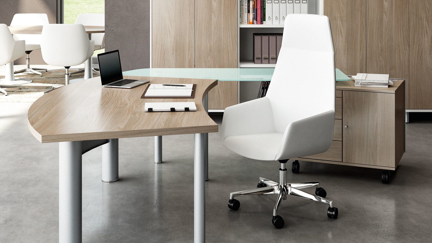 Quadrifoglio X-Time Work MFC Executive Desk With Glass Return & Mobile Credenza Detail Image