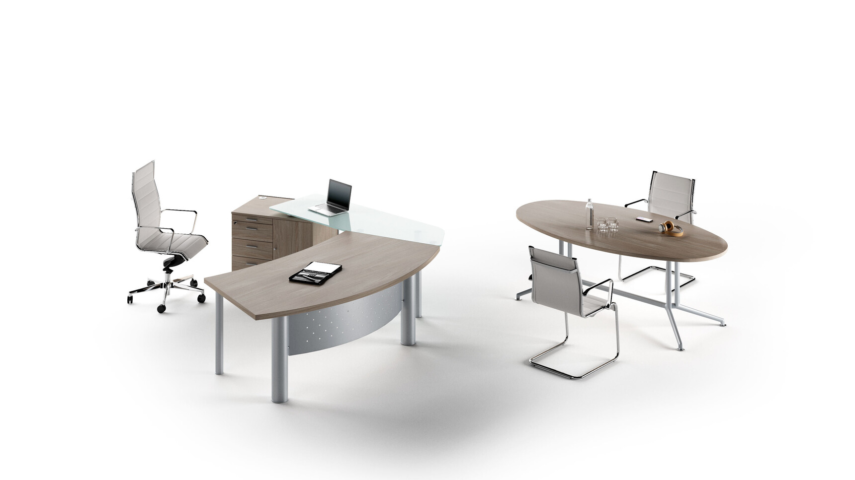 Quadrifoglio X-Time Work MFC Executive Desk With Glass Return & Mobile Credenza Grey Background