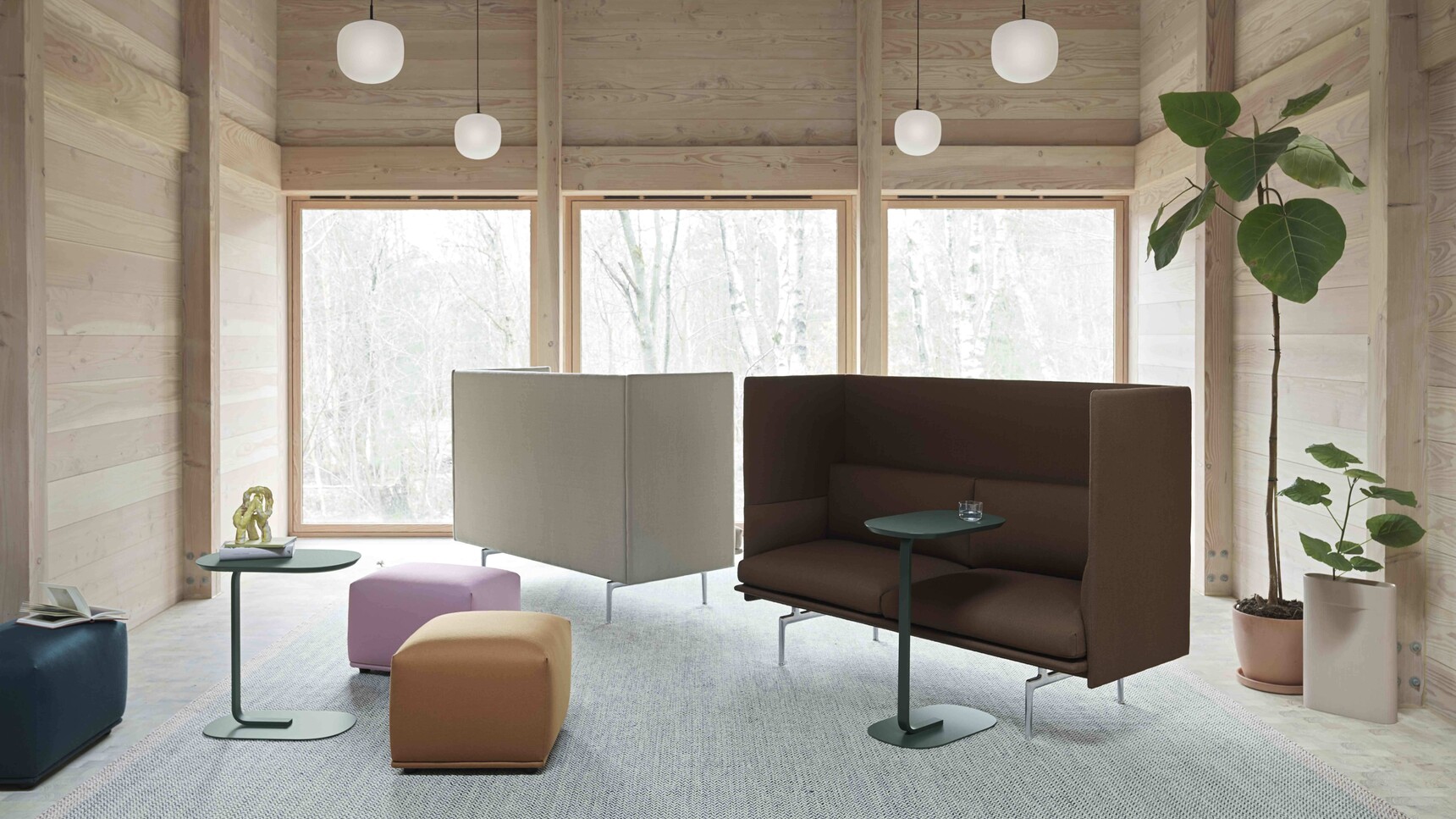 Muuto Outline Highback 2 Seater H45 Vidar 222 Vidar 363 Relate Side Table Echo Pouf Rime Pendant Black Family Image