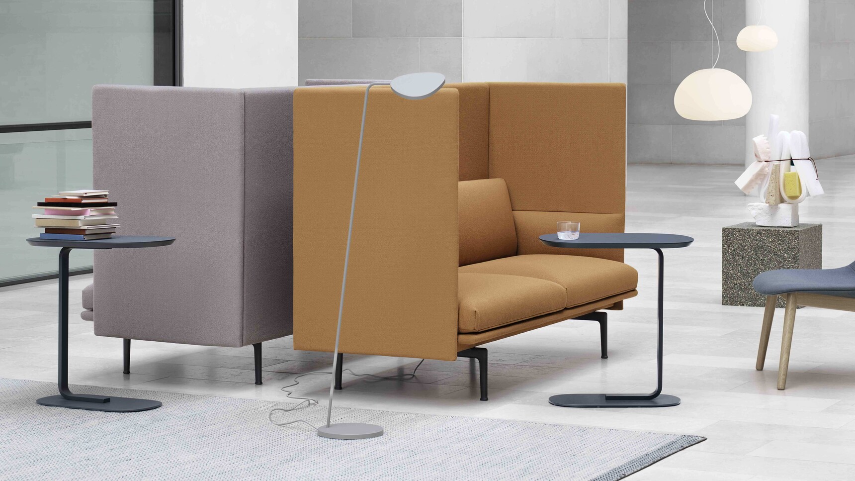 Muuto Outline Highback Vidar 143 472 Relate Table Grey Blue Leaf Floor Lamp Grey Fluid Lamp Fiber Lounge Family Image