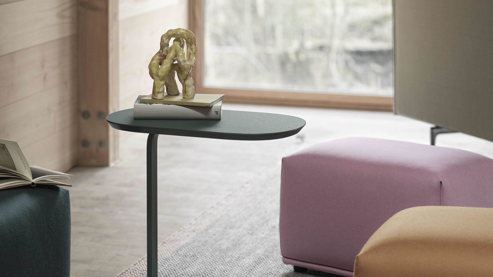 Muuto Relate H60 Dark Green Echo Pouf Ply Rug Black White Outline Highback H45 Chrome Vidar 222 Family Image