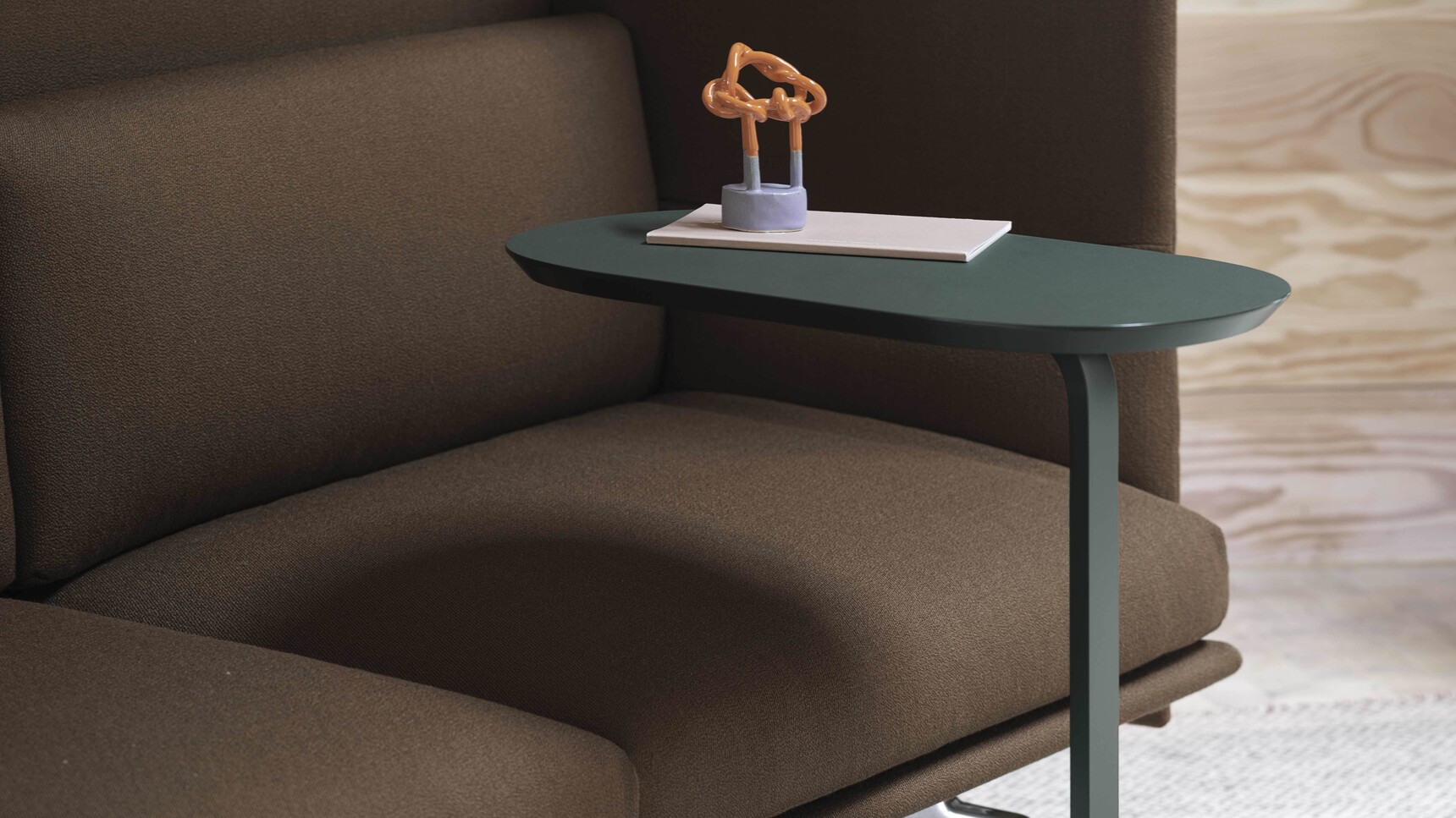 Muuto Relate H73 Dark Green Outline Highback 2 Seater H45 Chrome Vidar 363 Ply Rug Black White Family Image