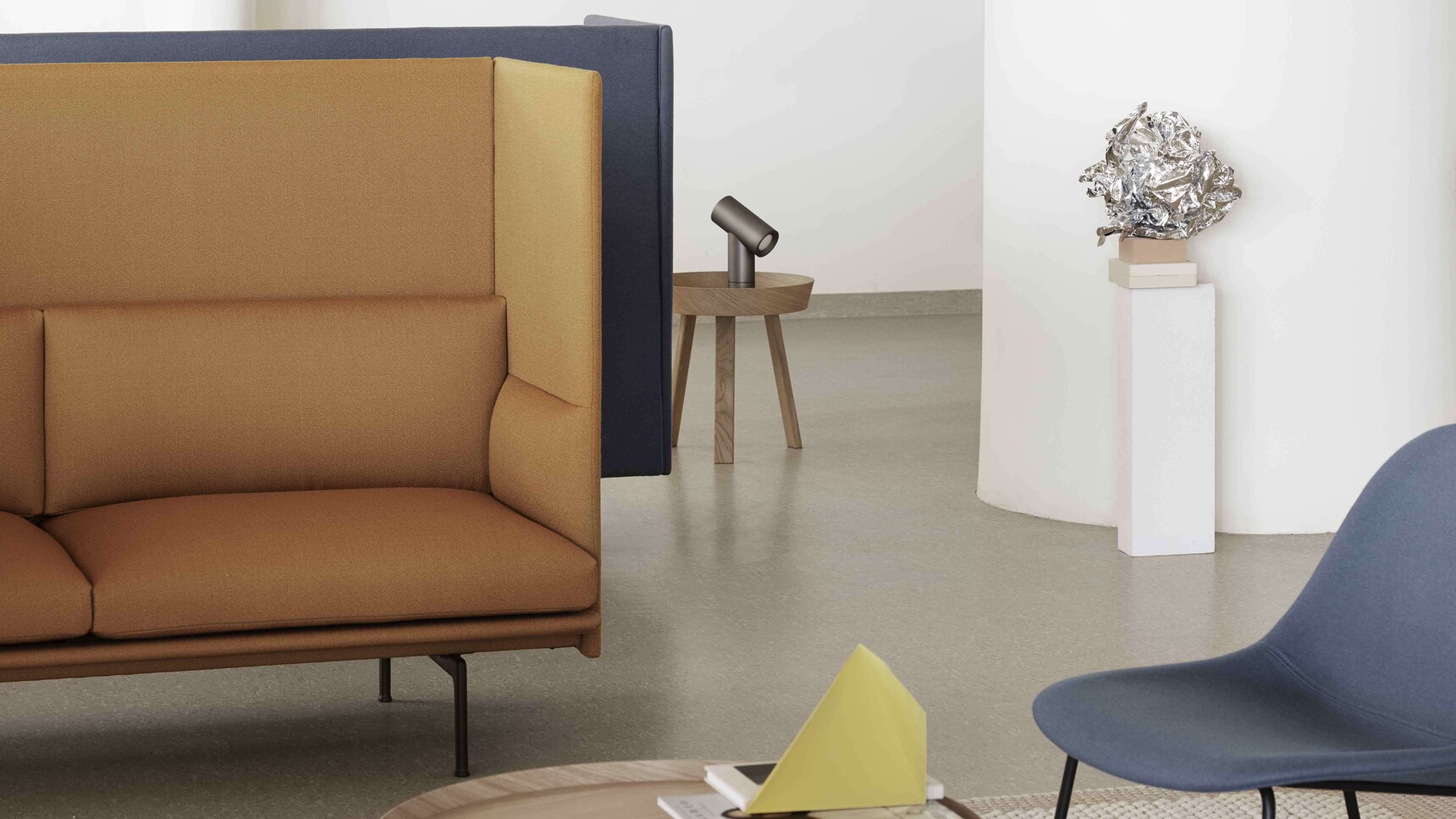 Muuto Outline Highback Sofa 2 Seater Pebble Fiber Lounge Around Beam Detail Image