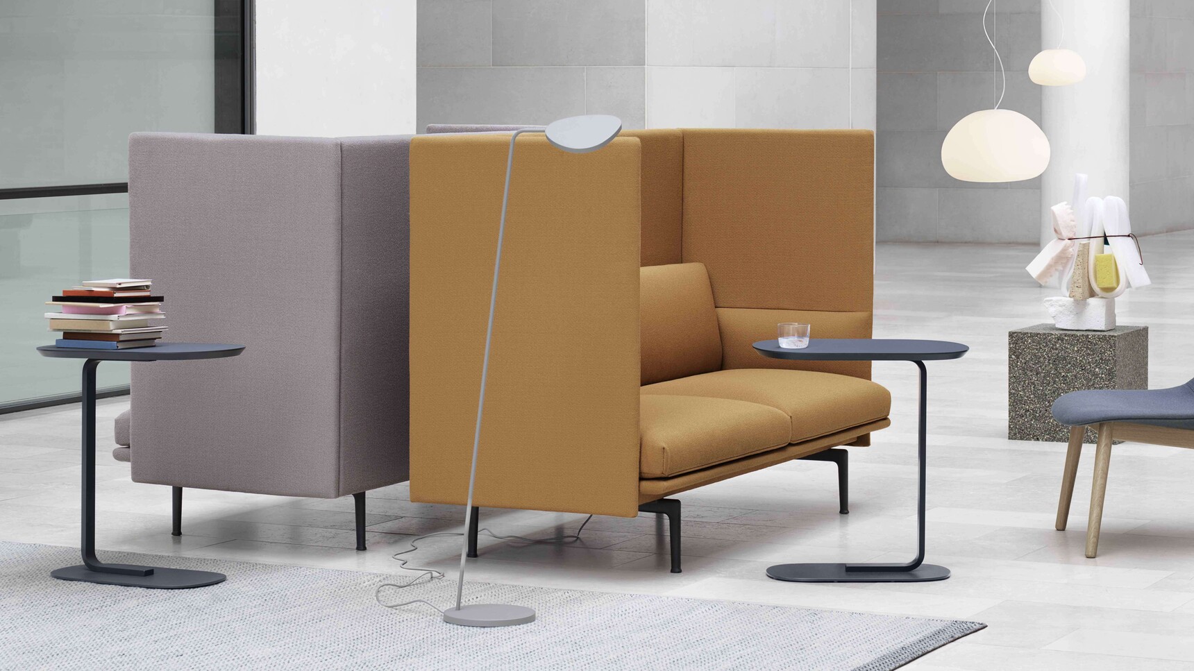 Muuto Outline Highback Sofa Vidar 143 472 Relate Table Grey Blue Leaf Floor Lamp Grey Fluid Lamp Fiber Lounge Family Image