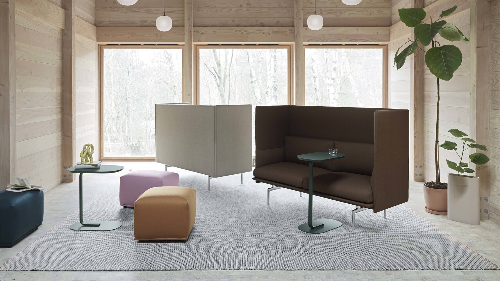 Muuto Outline Highback Sofa 2 Seater H45 Vidar 222 Vidar 363 Relate Side Table Echo pouf Rime Pendant Black Family Image