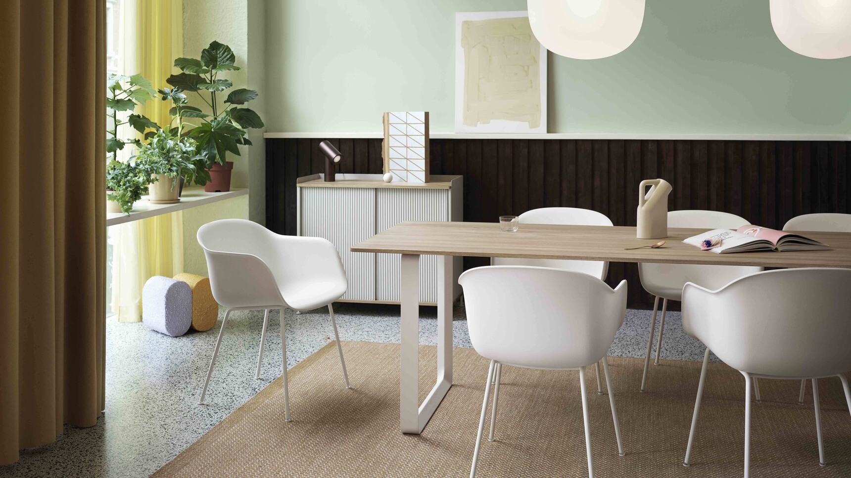 Muuto 70/70 Meeting Table Solid Oak Fiber Arm Tube White Rime Pendant White Ply Burnt Orange Enfold Grey Beam Family Image