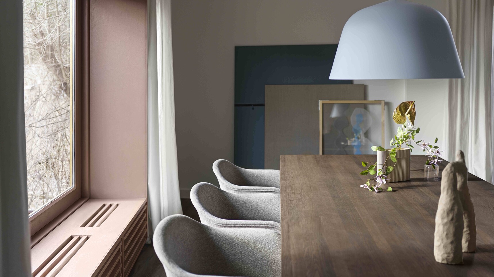 Muuto Ambit O55 Light Blue 70/70 Meeting Table Smoked Oak Fiber Armchair Clay 12 Ridge Vase Family Image