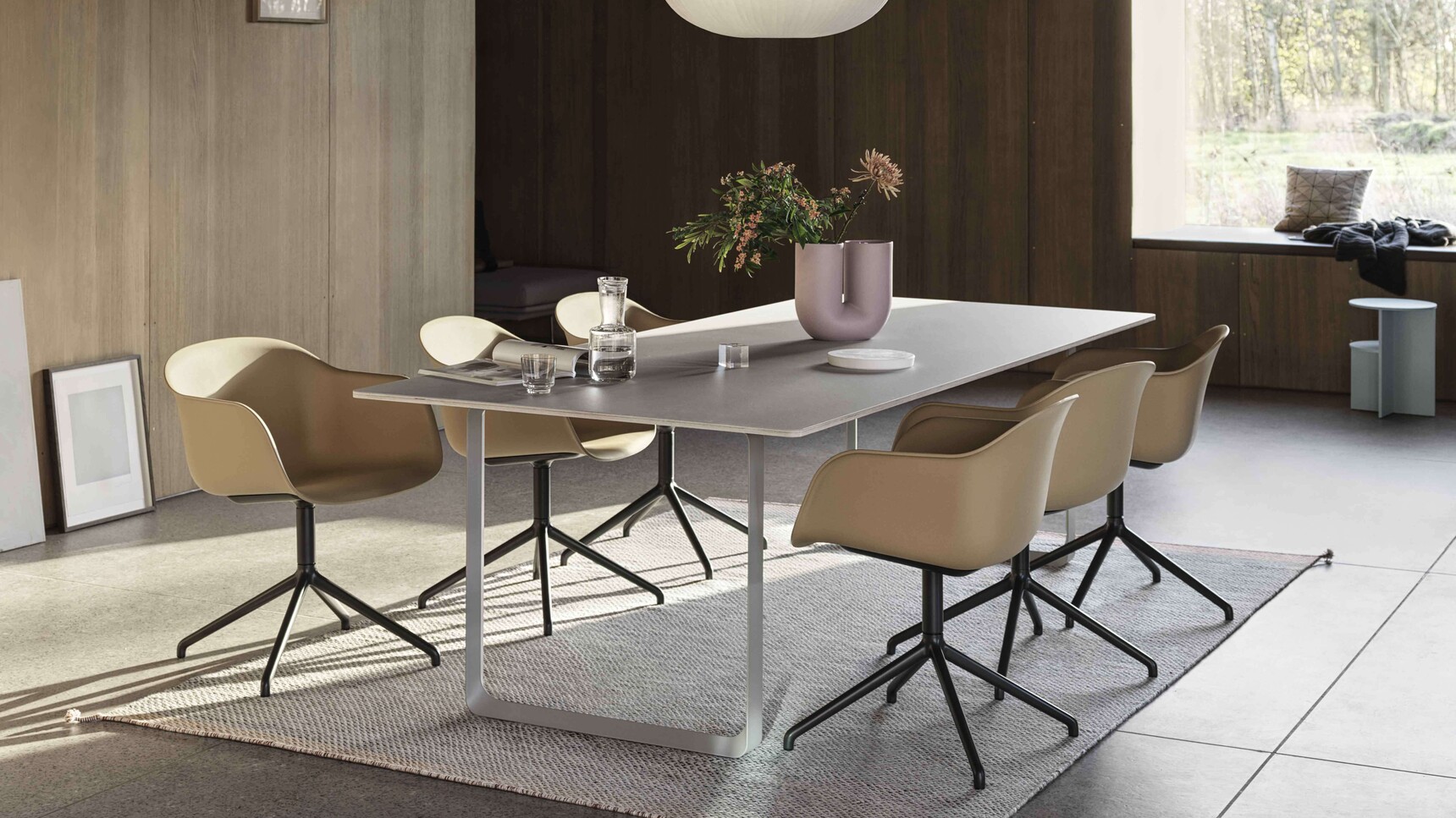 Muuto Fiber Armchair Swivel Ochre Black 7070 Grey 2550x1080 Kink Dusty Lilac Strand 60 Ply Rug Black White Family Image