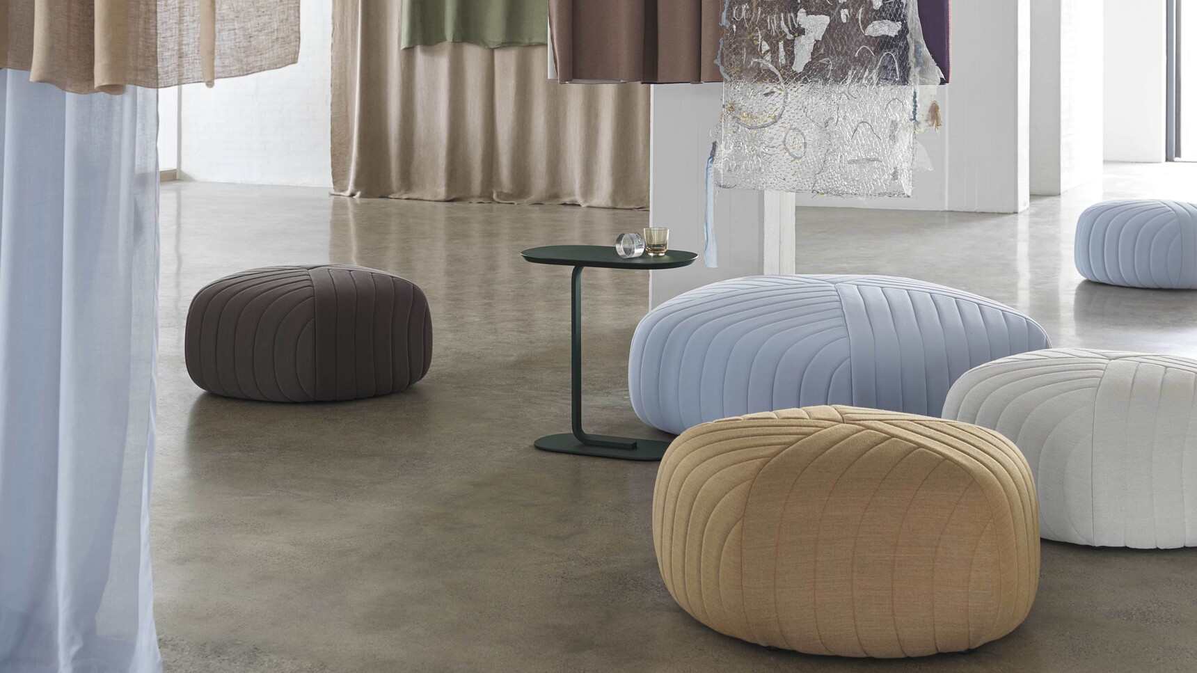 Muuto Five Pouffe Planum 271 Planum 711 Fiord 451 St Trio 205 Relate H60 Dark Green Raise Ochre Under The Bell Grey Family Image