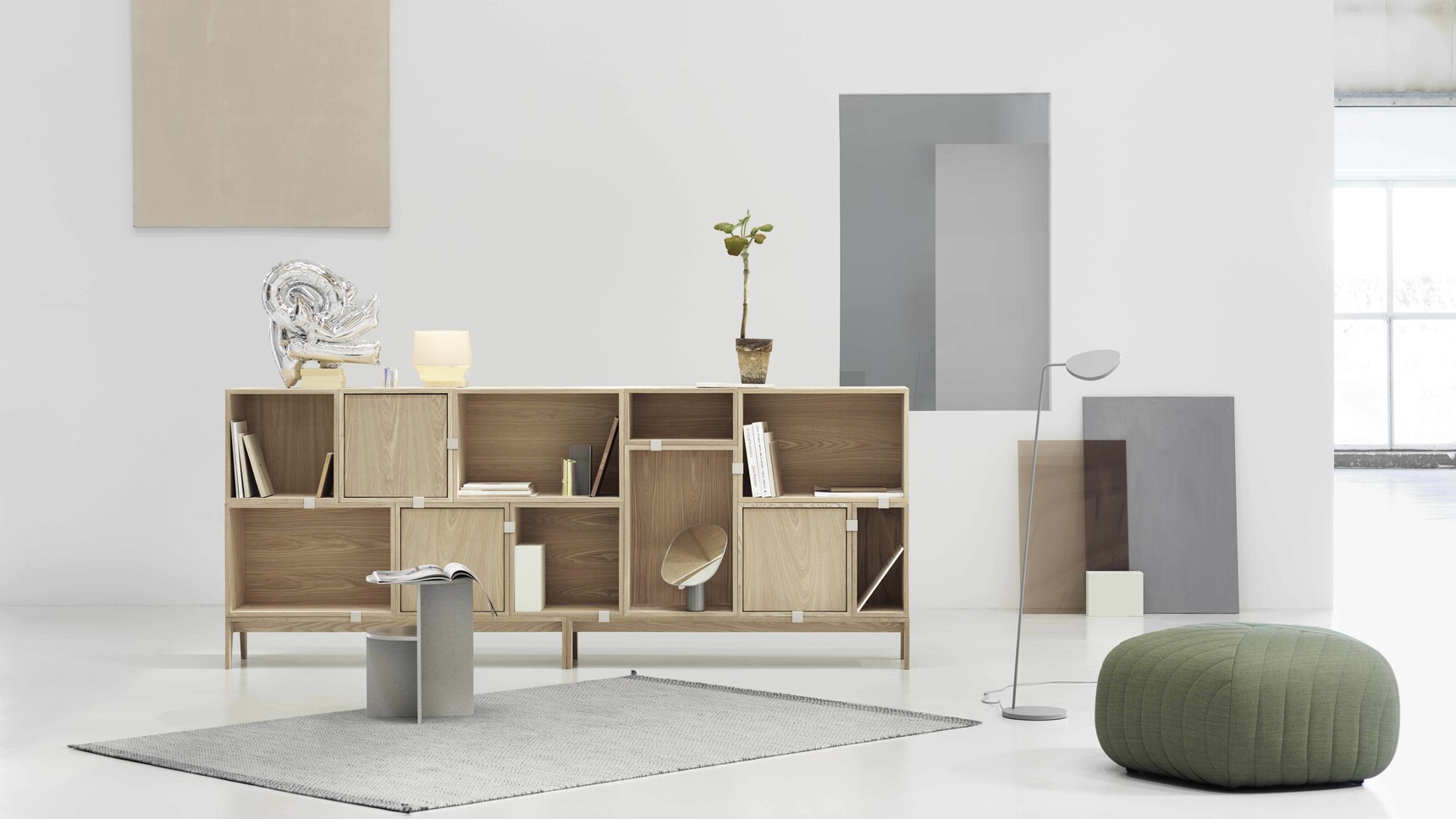 Muuto Stacked Oak Config 7 Half Side Table Five Pouffe Remix 993 Leaf Mimic Ply Cosy In White Landscape Family Image