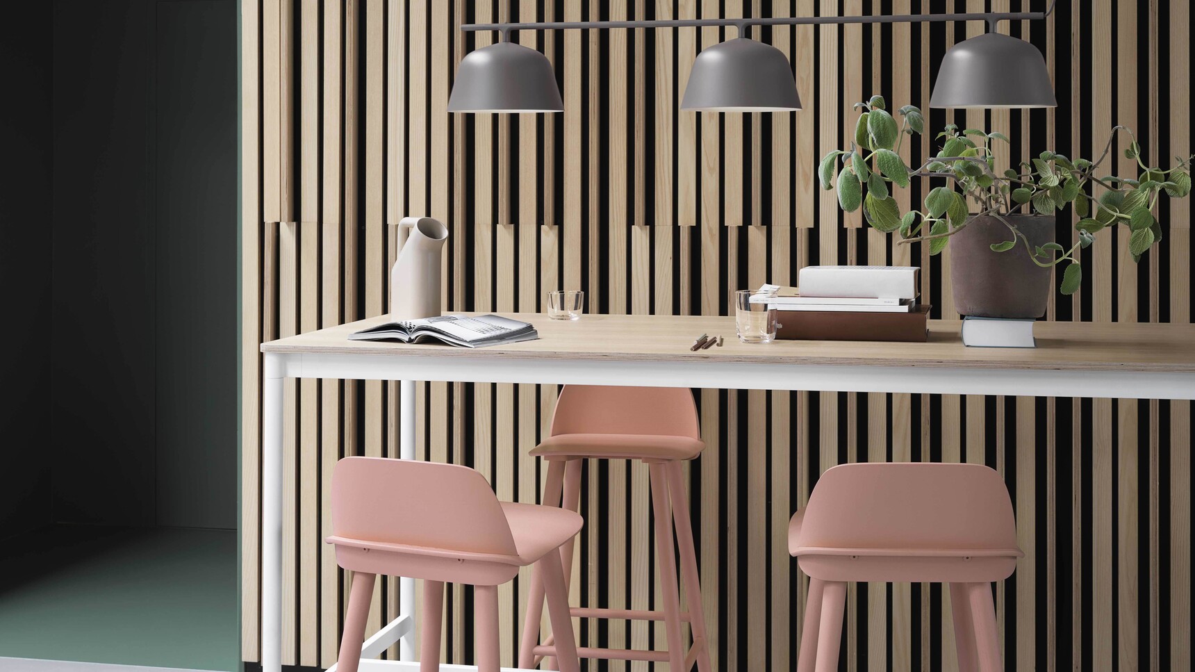 Muuto Nerd Bar Stool Tan Rose Base High Table Oak White Ambit Rail Lamp Taupe Tub Jug Detail Image