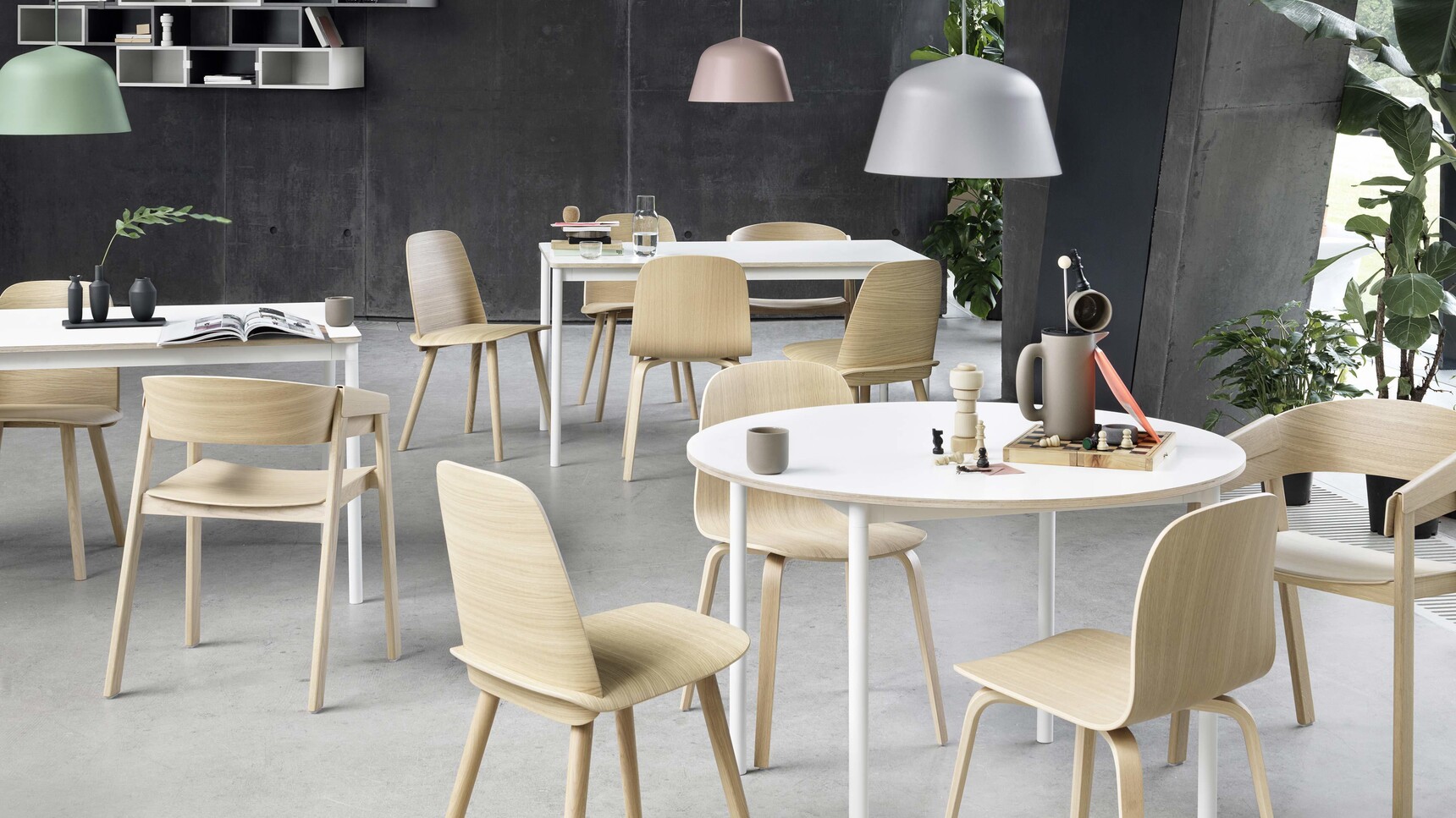 Muuto Base Table Nerd Chair Visu Chair Cover Chair Ambit Lamp Stacked Family Image