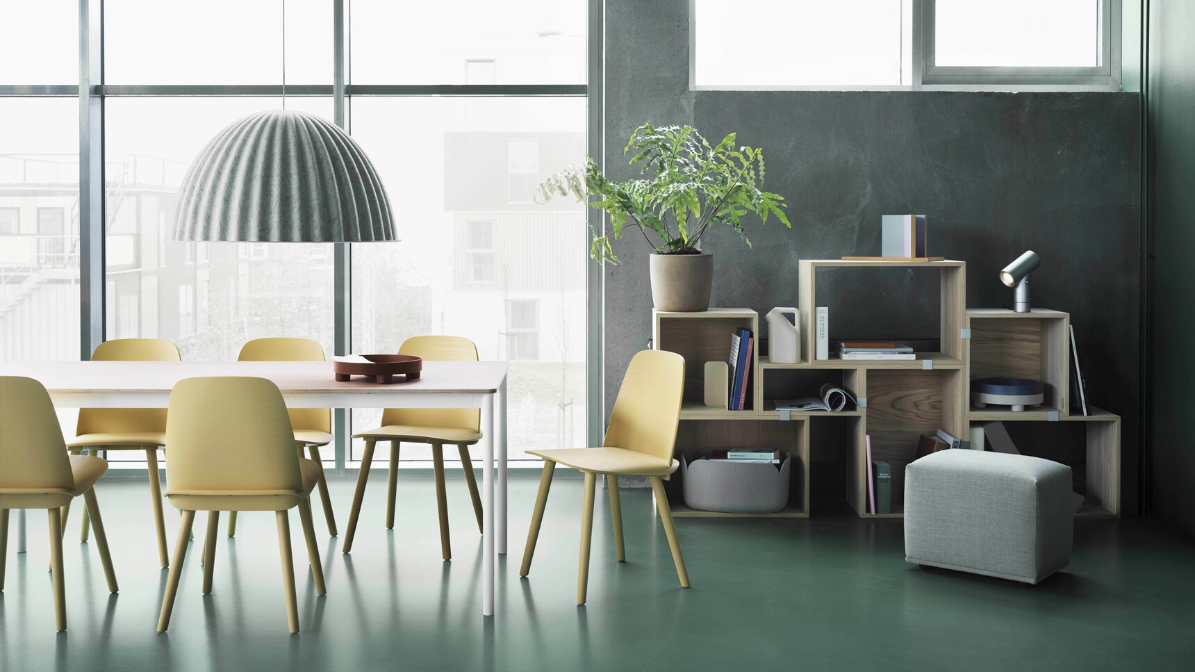 Muuto Nerd Chair Sand Yellow Stacked Oak Under The Bell Lamp Echo Pouffe Remix 123 Beam Lamp Family Image
