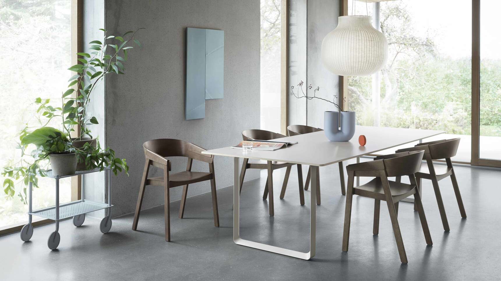 Muuto Cover Armchair Stained Dark Brown 7070 Table Sand Strand Pendant Closed 60 Flow Trolley 2 Layer Grey In Office Setting