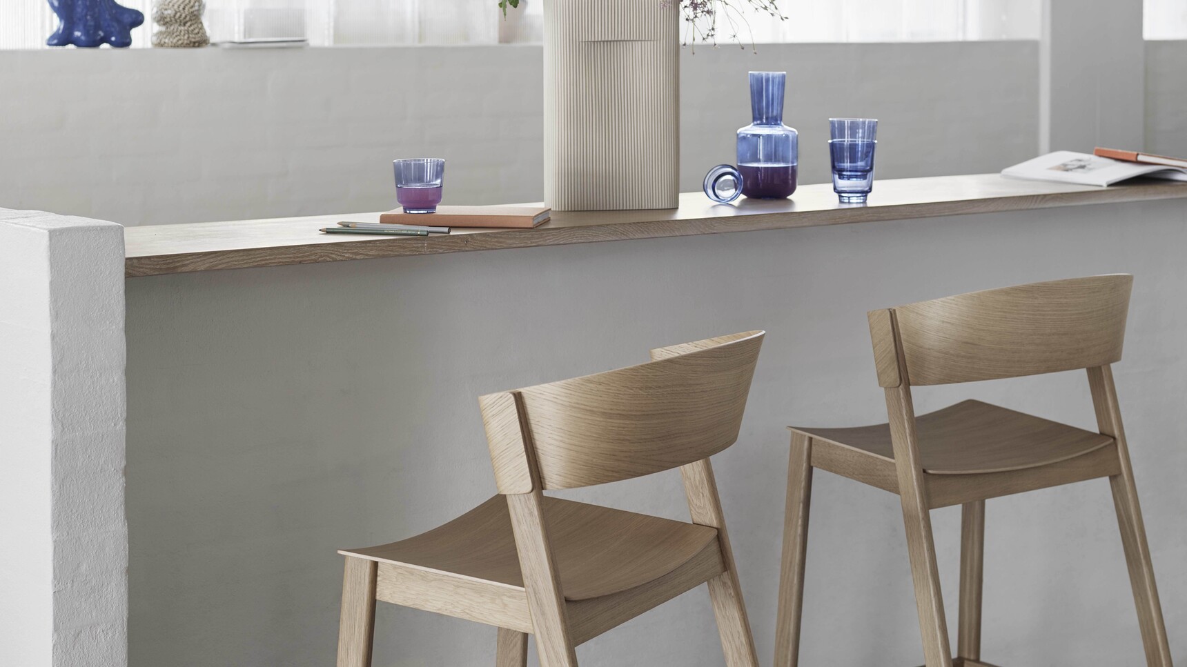 Muuto Cover Bar Stool Oak Raise Carafe Glass Indigo Ridge Off White Family Image