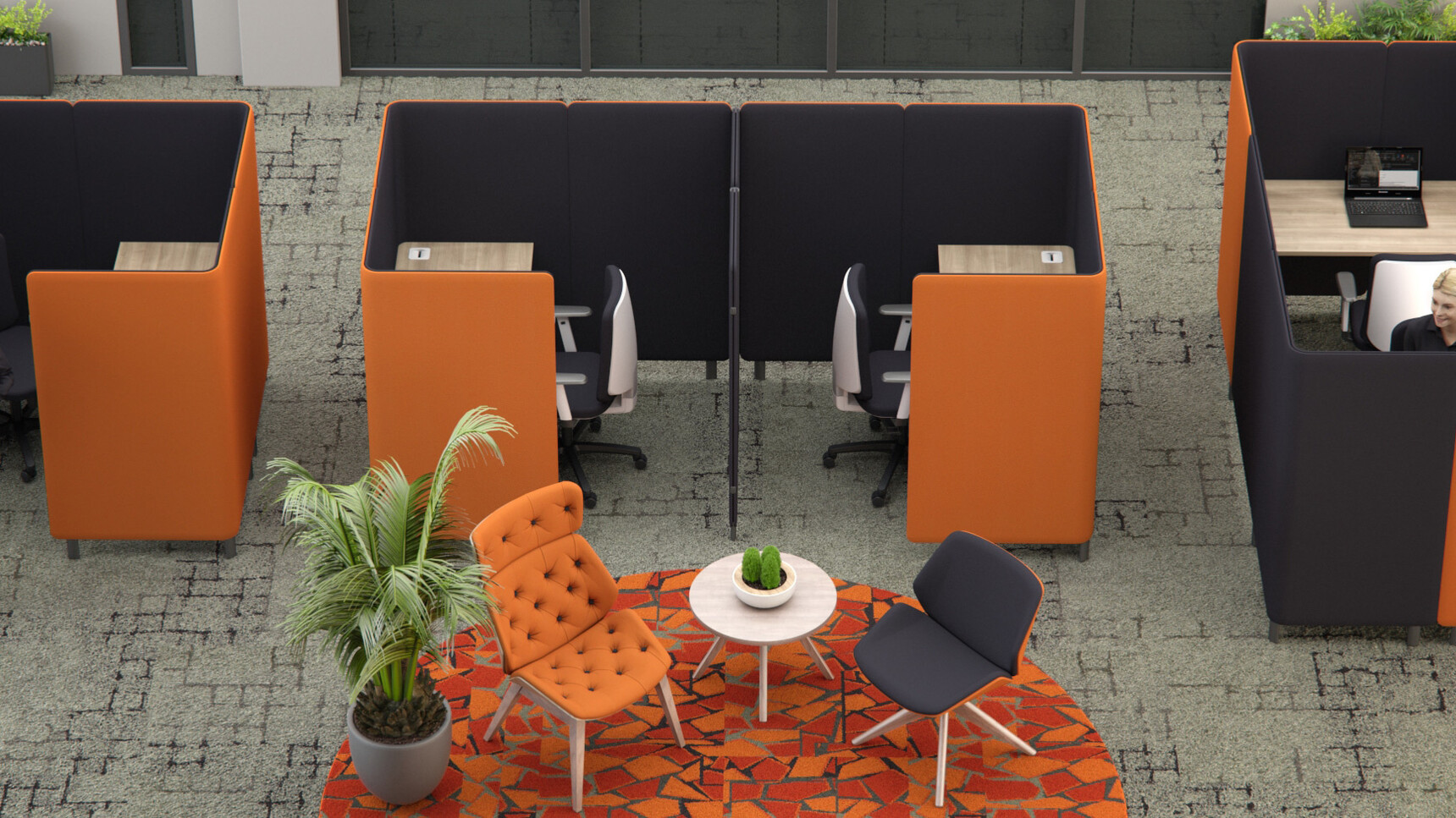 Elite Office Furniture Oases Desking Booth Orange Upholstery In Office Setting