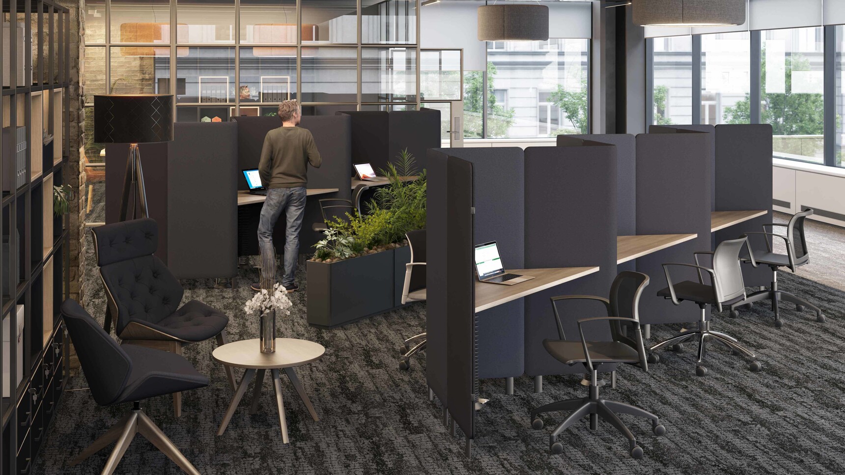 Elite Office Furniture Oases Desking Booth Dark Grey Upholstery In Office Environment