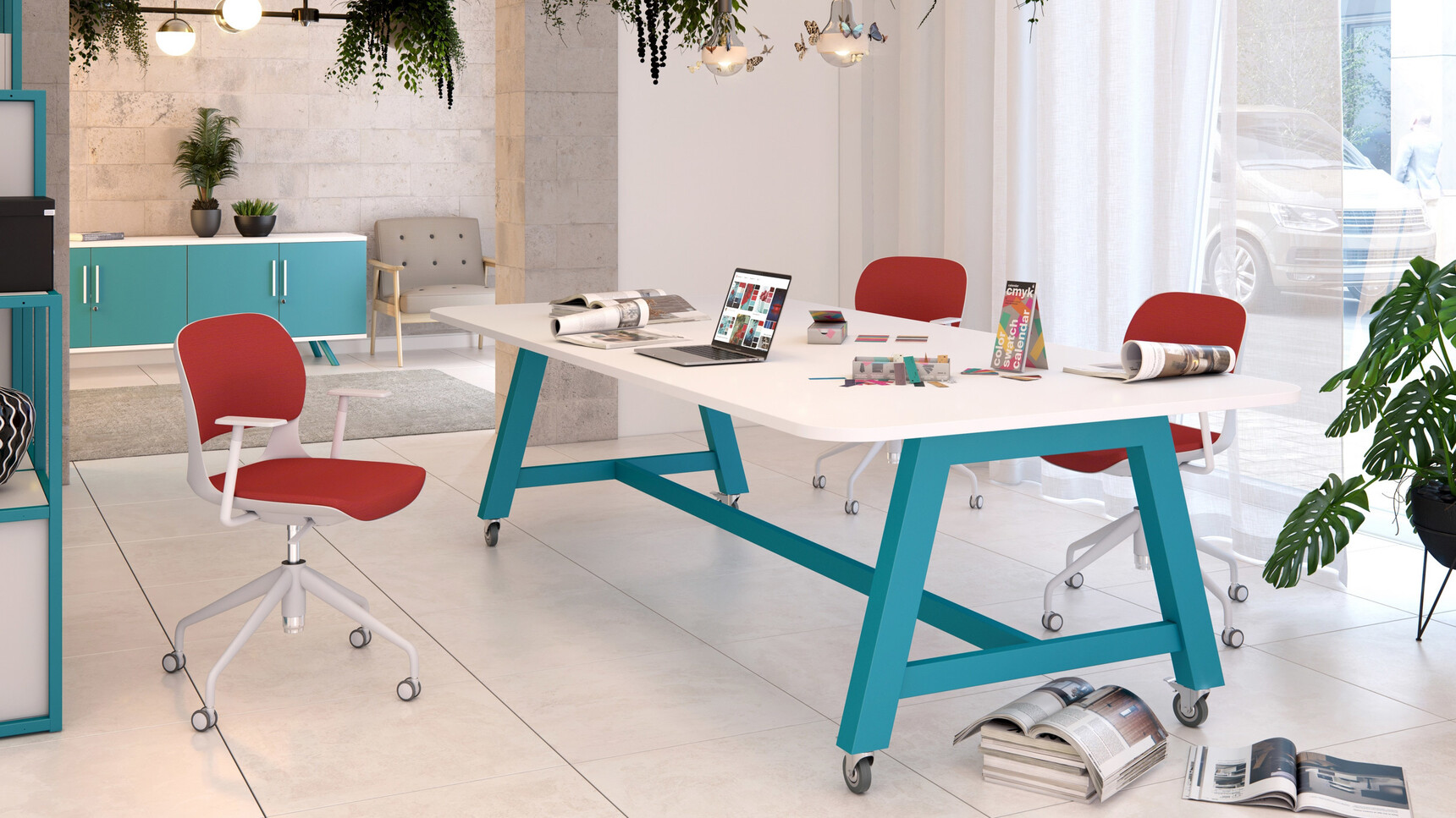 Elite Office Furniture Alto High Bench With Castors White Table Top Blue Frame Family Image