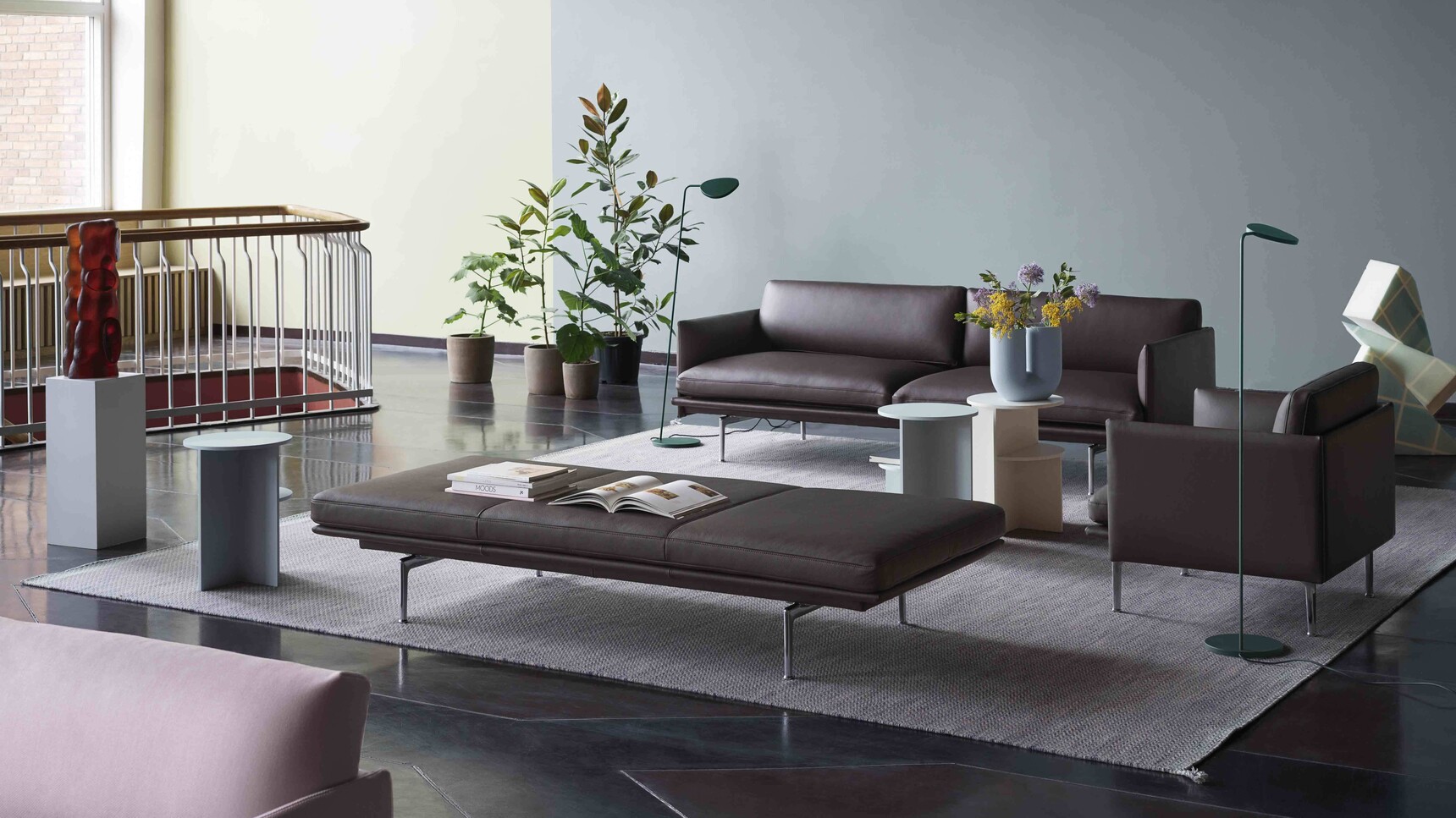 Muuto Outline Daybed Easy Leather Root Rime Pendant Leaf Dark Green In Office Setting