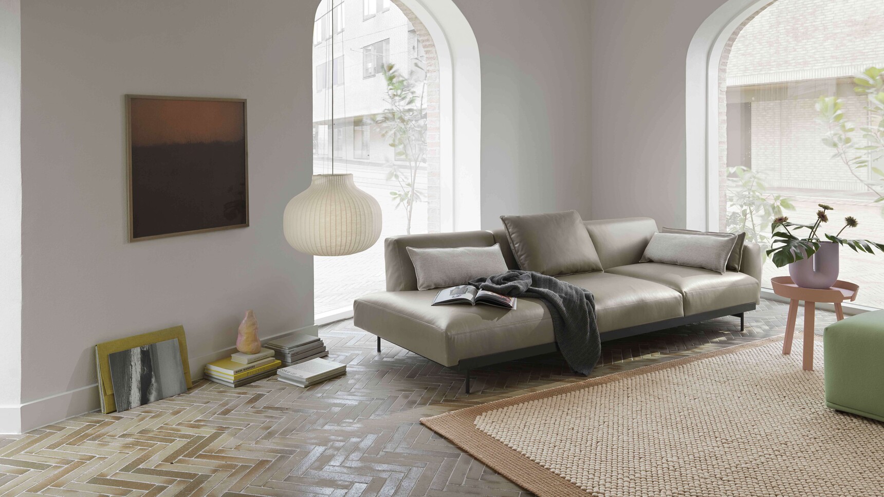 Muuto In Situ 3 Seater Config 2 Refine Leather Stone In Situ Cushion Clay 12 Strand 40 Around Pebble Rug Pale Rose Echo Divina 846 Family Image