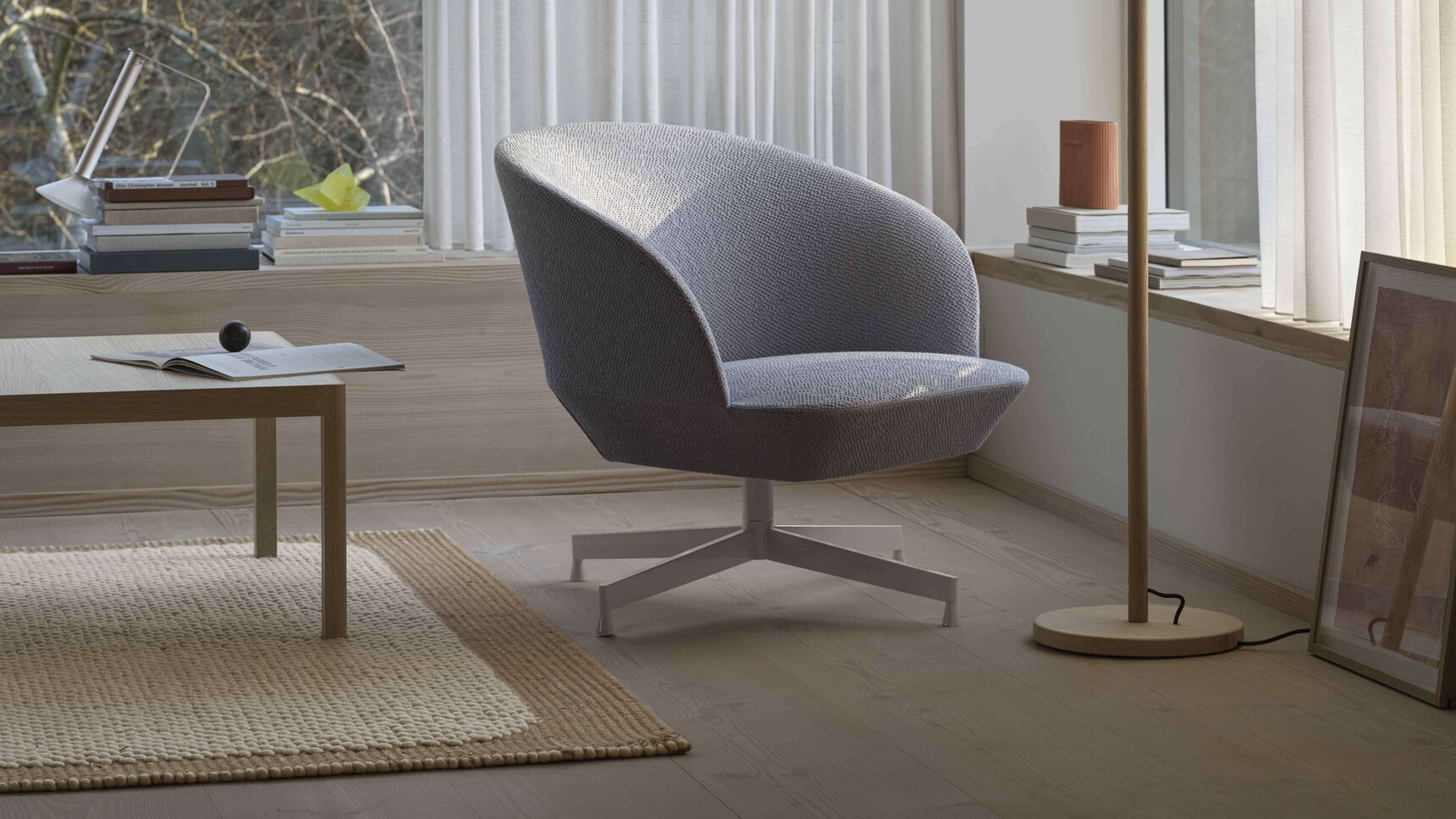 Muuto Oslo Lounge Chair Swivel Grey Colline 737 Pull Lamp Workshop Coffee Table Oak Pebble Rug Pale Rose Family Image