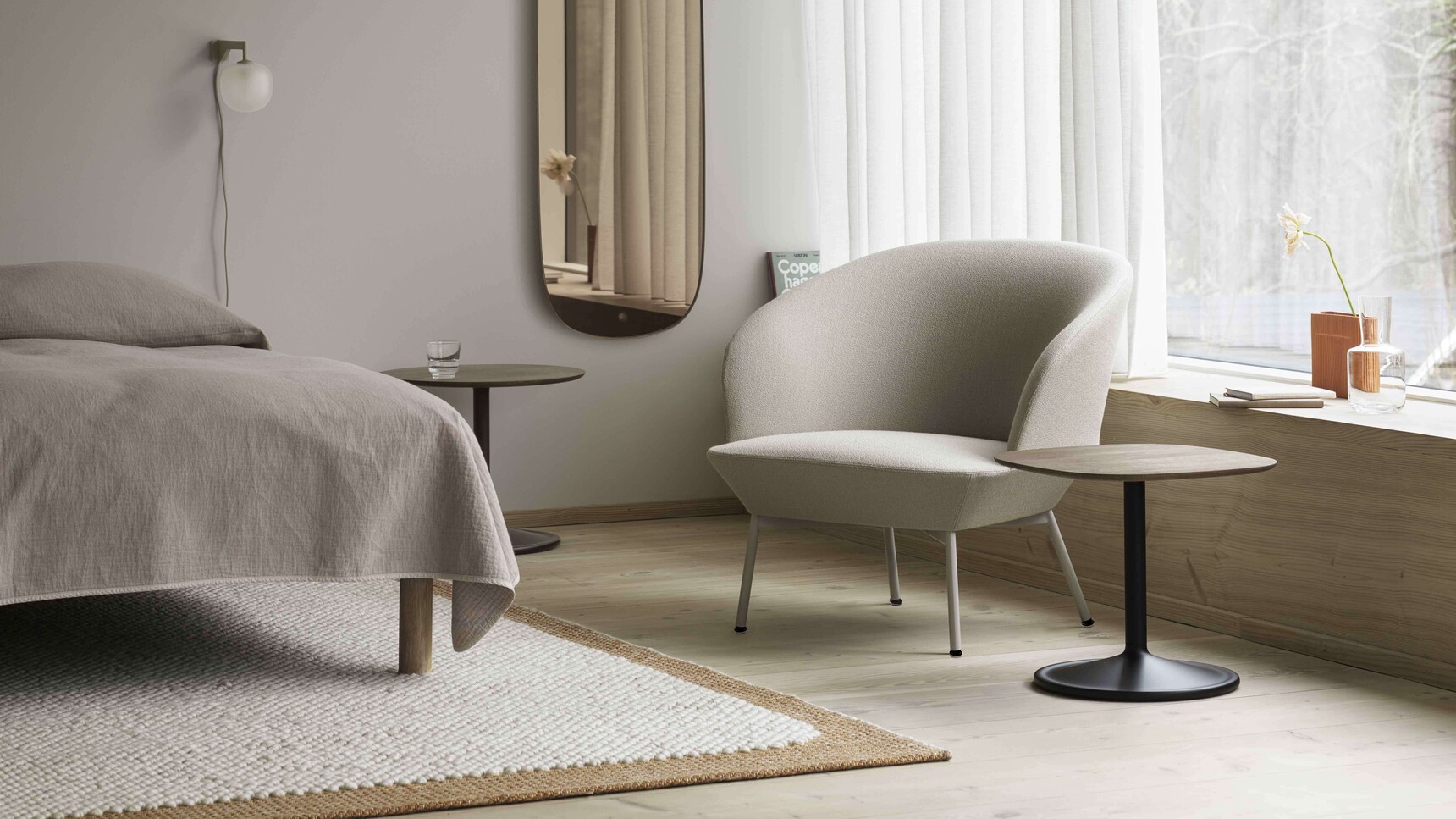 Muuto Oslo Lounge Chair Tube Grey Vidar 146 Soft Side 45x45 O48 h40 Smoked Oak Black Framed Mirror Rose Rime Wall Grey Family Image