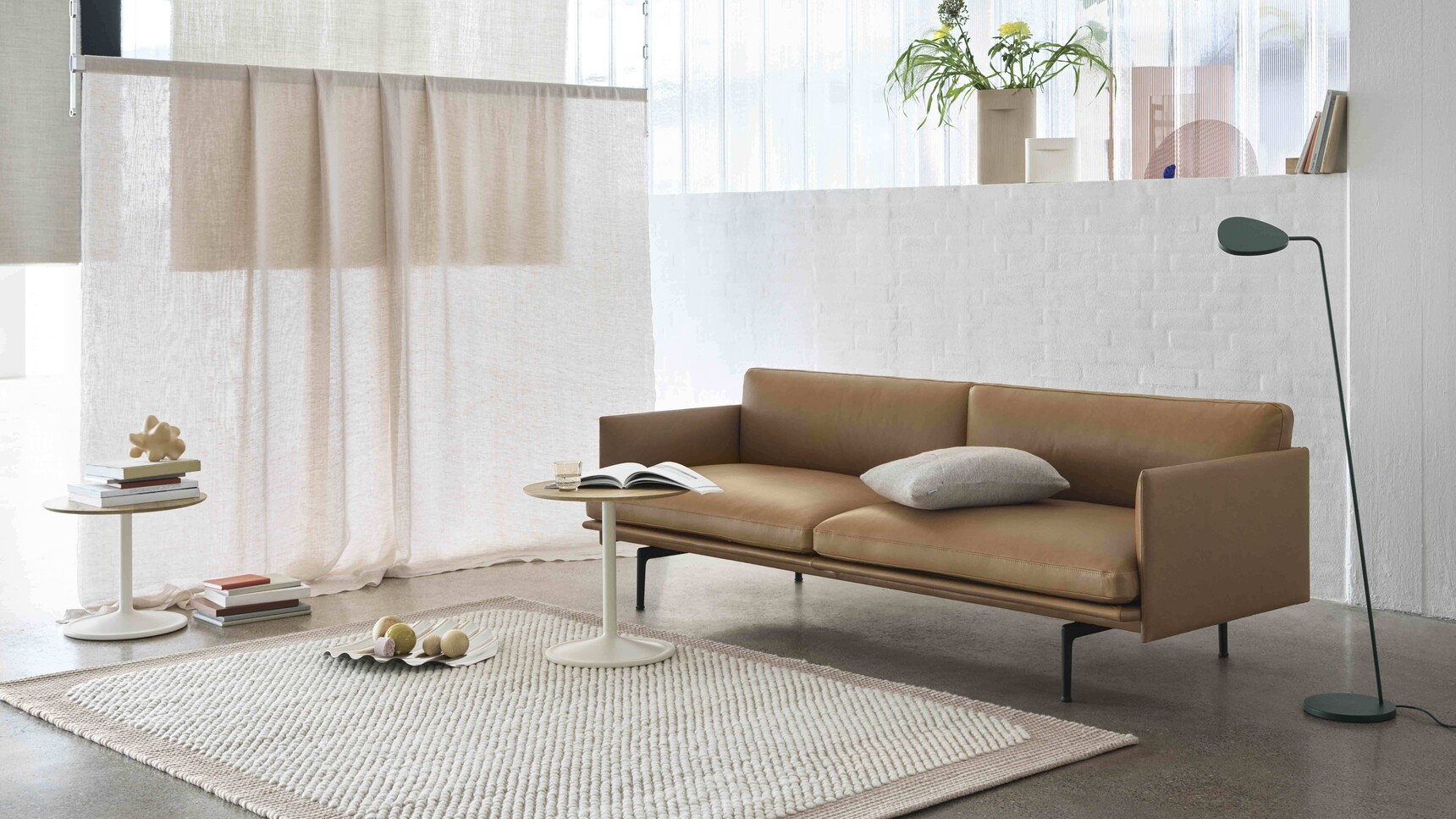 Muuto Outline 3 Seater Refine Cognac Black Soft Side Solid Oak Off White Wave Tray Pebble Pale Rose Leaf Floor Ridge Layer Cushion Family Image