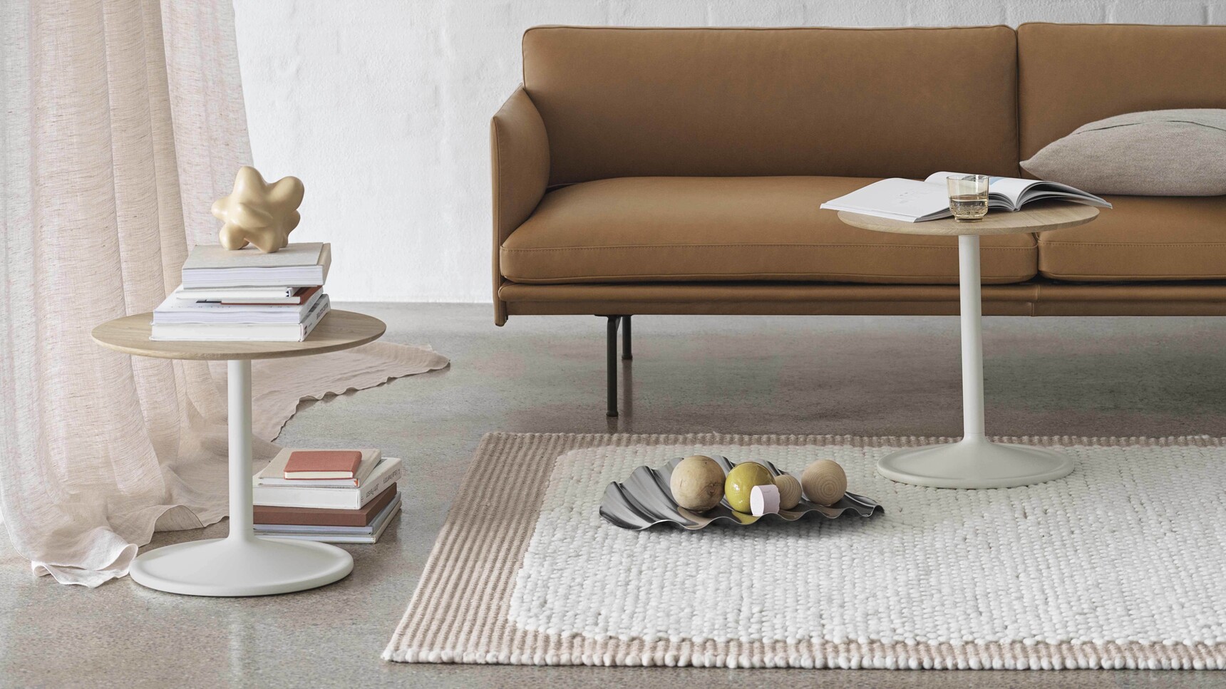 Muuto Outline 3 Seater Refine Cognac Black Soft Side Solid Oak Off White Wave Tray Raise Glass Ochre Pebble Rug Pale Rose Ridge Family Image