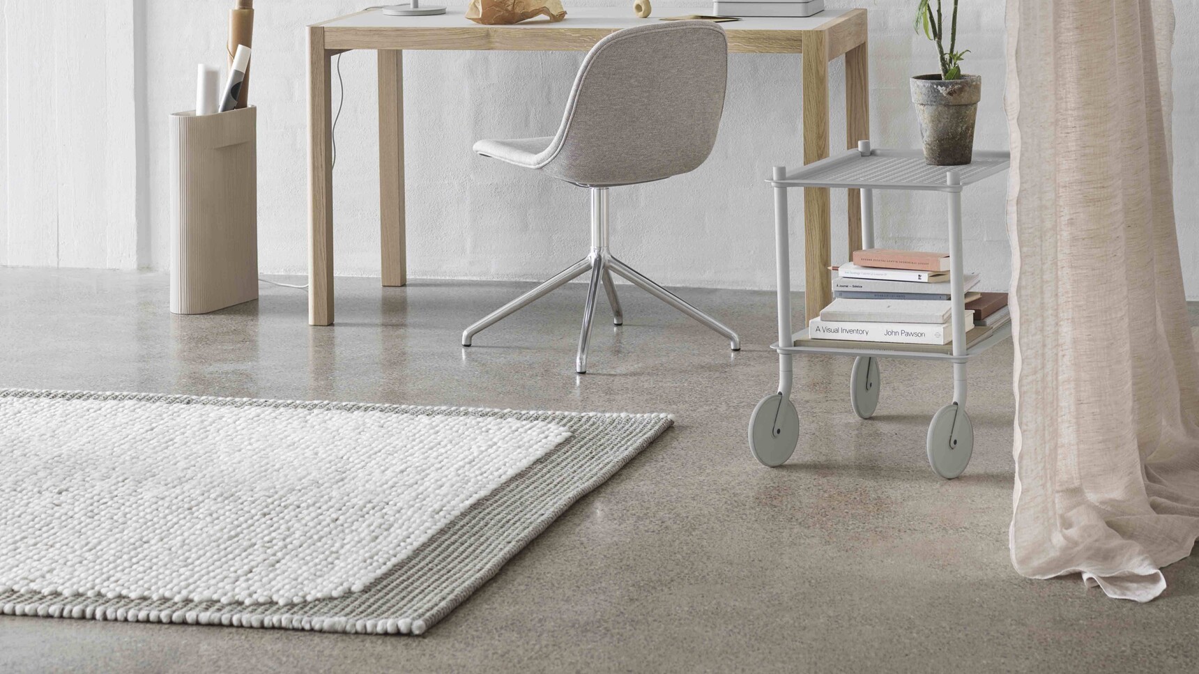 Muuto Workshop Table 130 65 Warm Grey Oak Fiber Side Swivel Chrome Clay 12 Pebble Light Grey Linear Arrange Flow Grey Family Image
