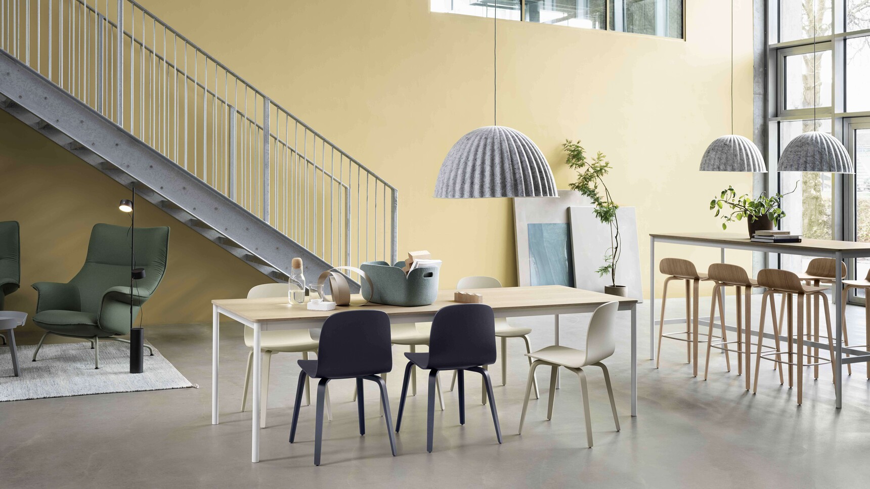 Muuto Visu Chair Midnight Blue Sand Visu Bar Oak Base Table Oak White Under The Bell Doze Lounge Post Lamp Family Image
