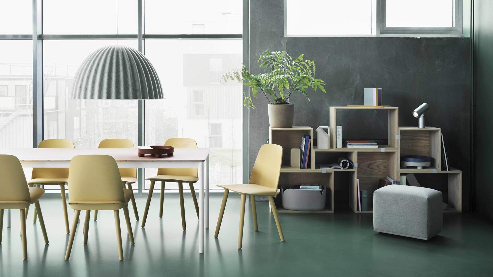 Muuto Nerd Chair Sand Yellow Stacked Oak Under The Bell Lamp Echo Pouf Remix 123 Beam Lamp In Office Setting