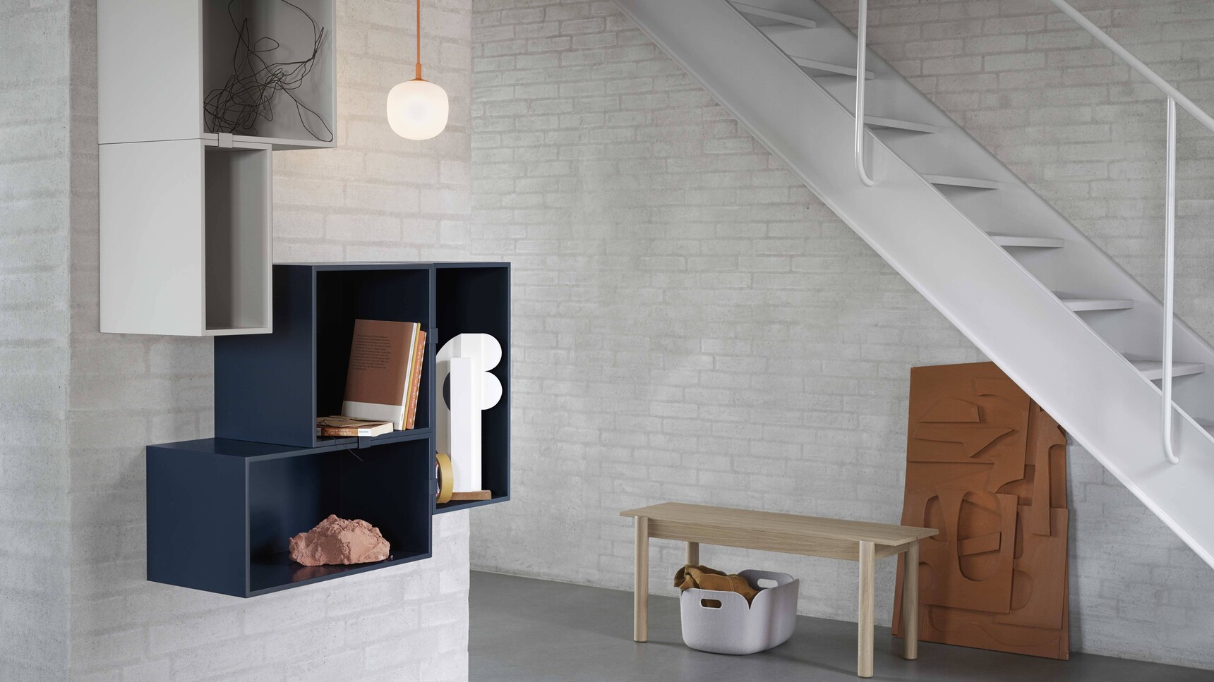 Muuto Mini Stacked Midnight Blue Rime Pendant Lamp 12 Orange Linear Bench Family Image