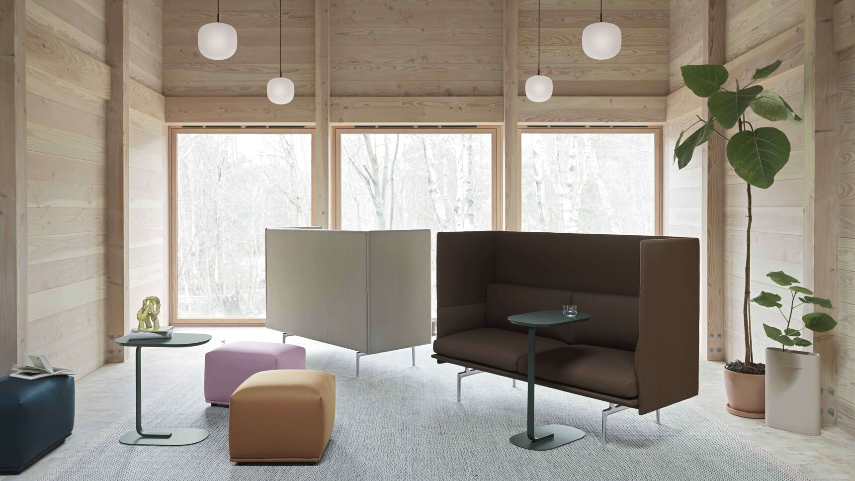 Muuto Outline Highback 2 Seater H45 Vidar 222 Vidar 363 Relate Side Table Echo Pouf Rime Pendant Lamp Black Family Image