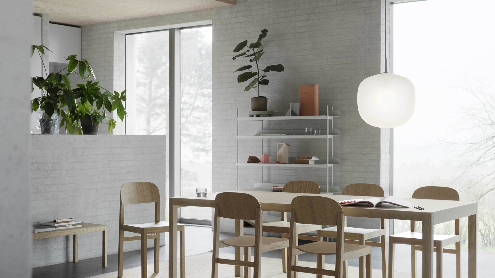 Muuto Workshop Table 200x92 Linoleum Chair Oak Rime Pendant Lamp Grey Ply Yellow Compile Grey Family Image