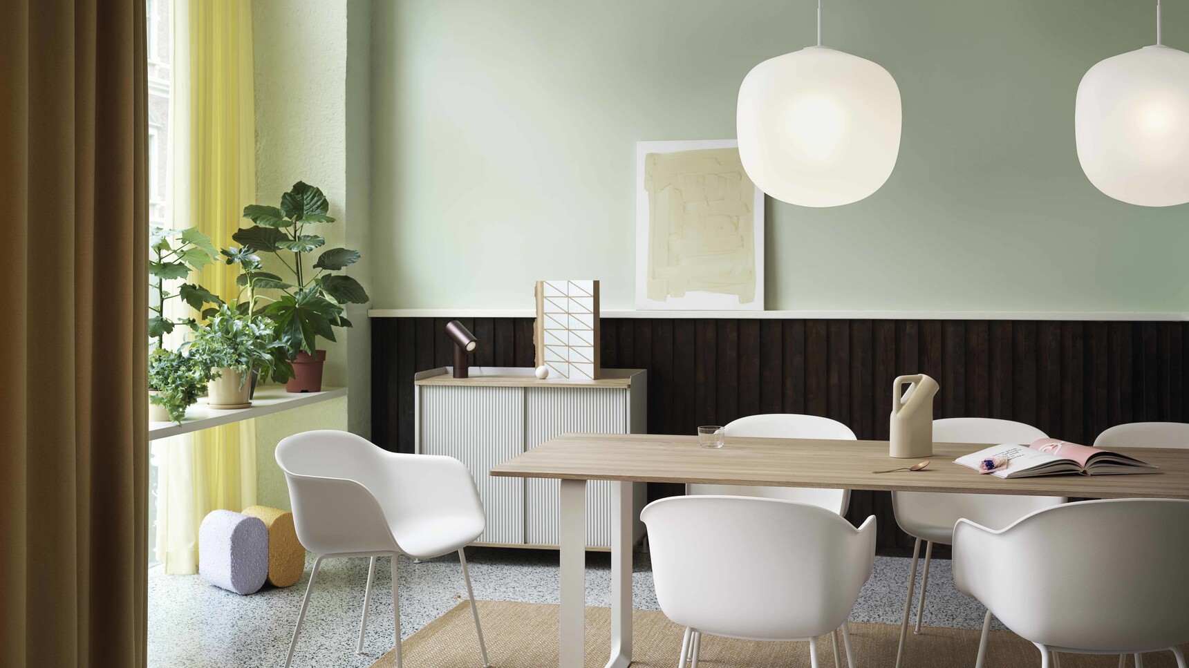 Muuto 7070 Solid Oak Fiber Arm Tube White Rime Pendant Lamp White Ply Burnt Orange Enfold Grey Beam Family Image