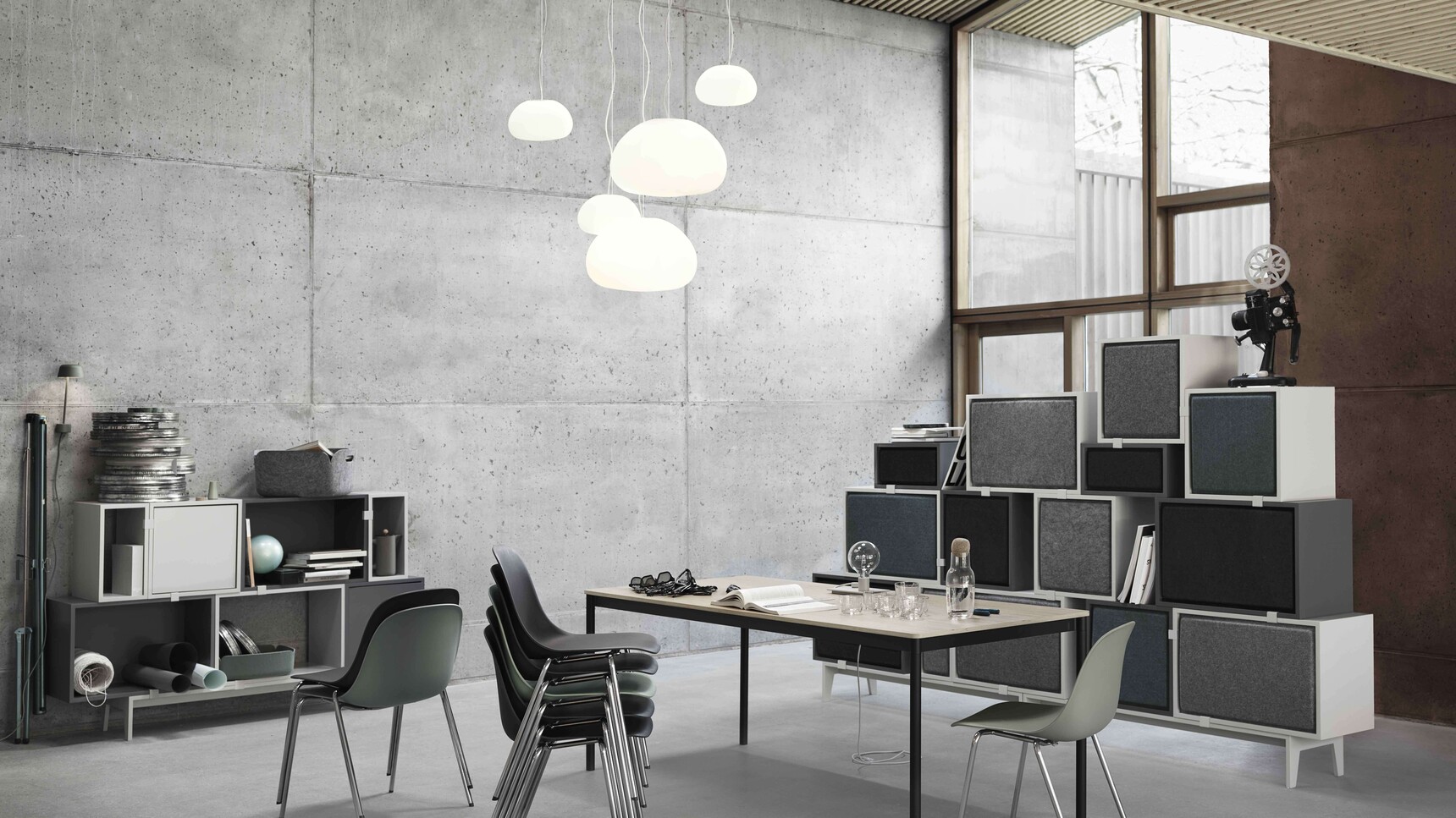 Muuto Fiber A Base Stacked Acoustic Panels Base Table Oak Veneer Fluid Pendant Lamps Family Image