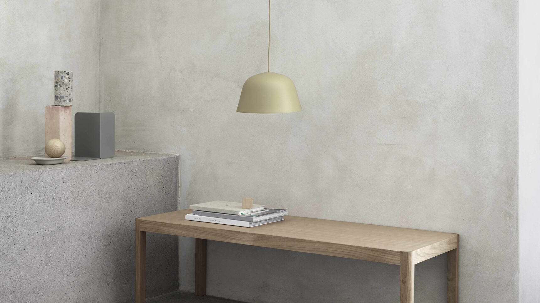 Muuto Workshop Coffee Table Oak Ambit Pendant Green Beige Compile Bookend Grey Float Family Image