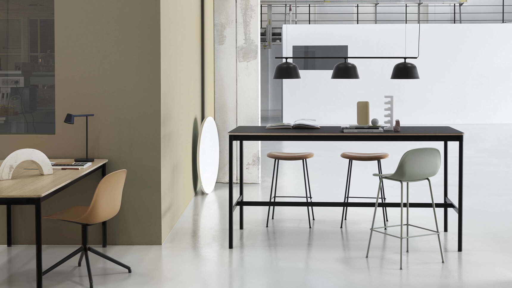 Muuto Base High Table Oak Black Ambit Rail Fiber Side Swivel Fiber Bar Stool Tube Tip Compile Family Image