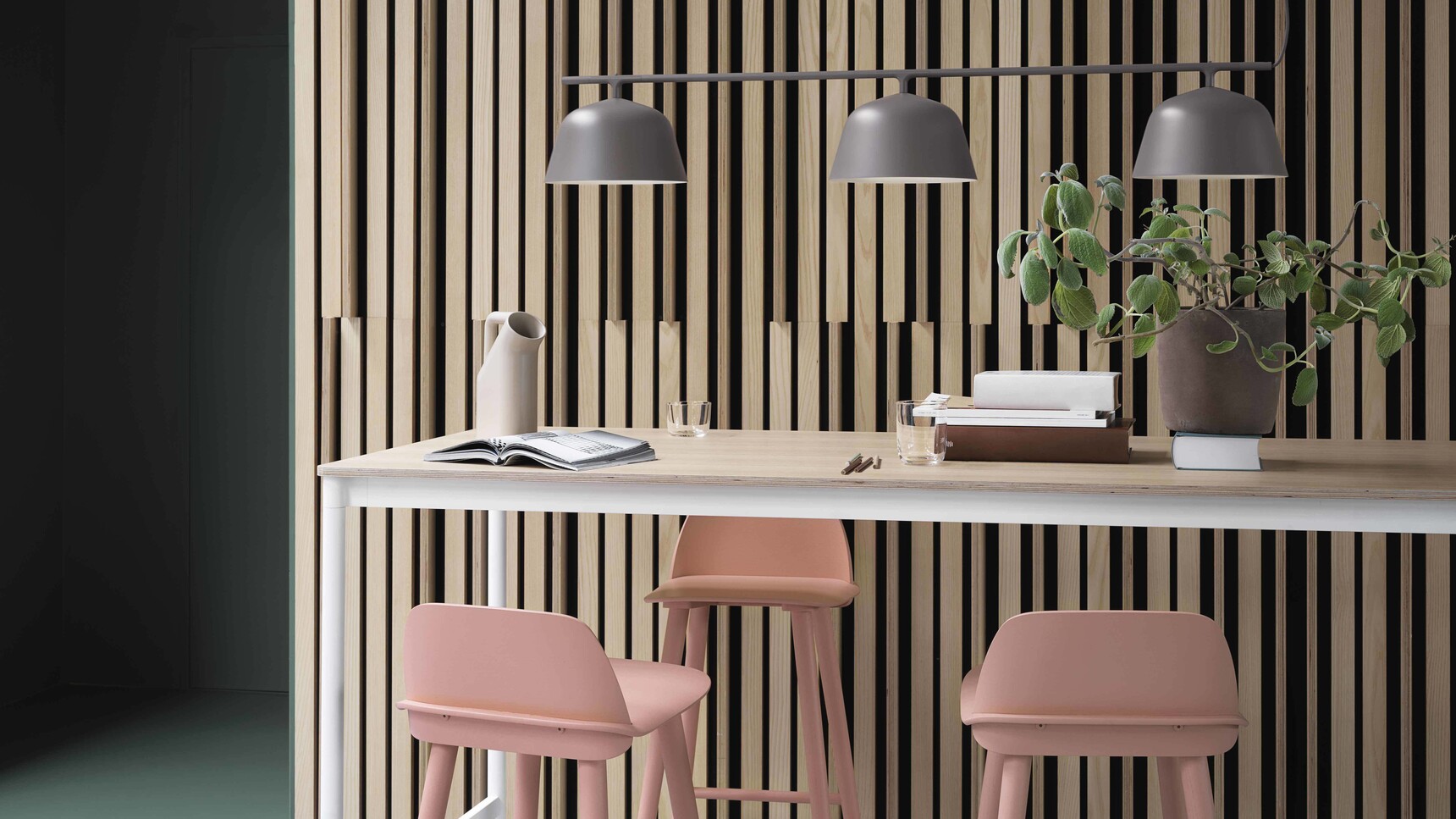 Muuto Nerd Bar Stool Tan Rose Base High Table Oak White Ambit Rail Lamp Taupe Tub Jug Family Image