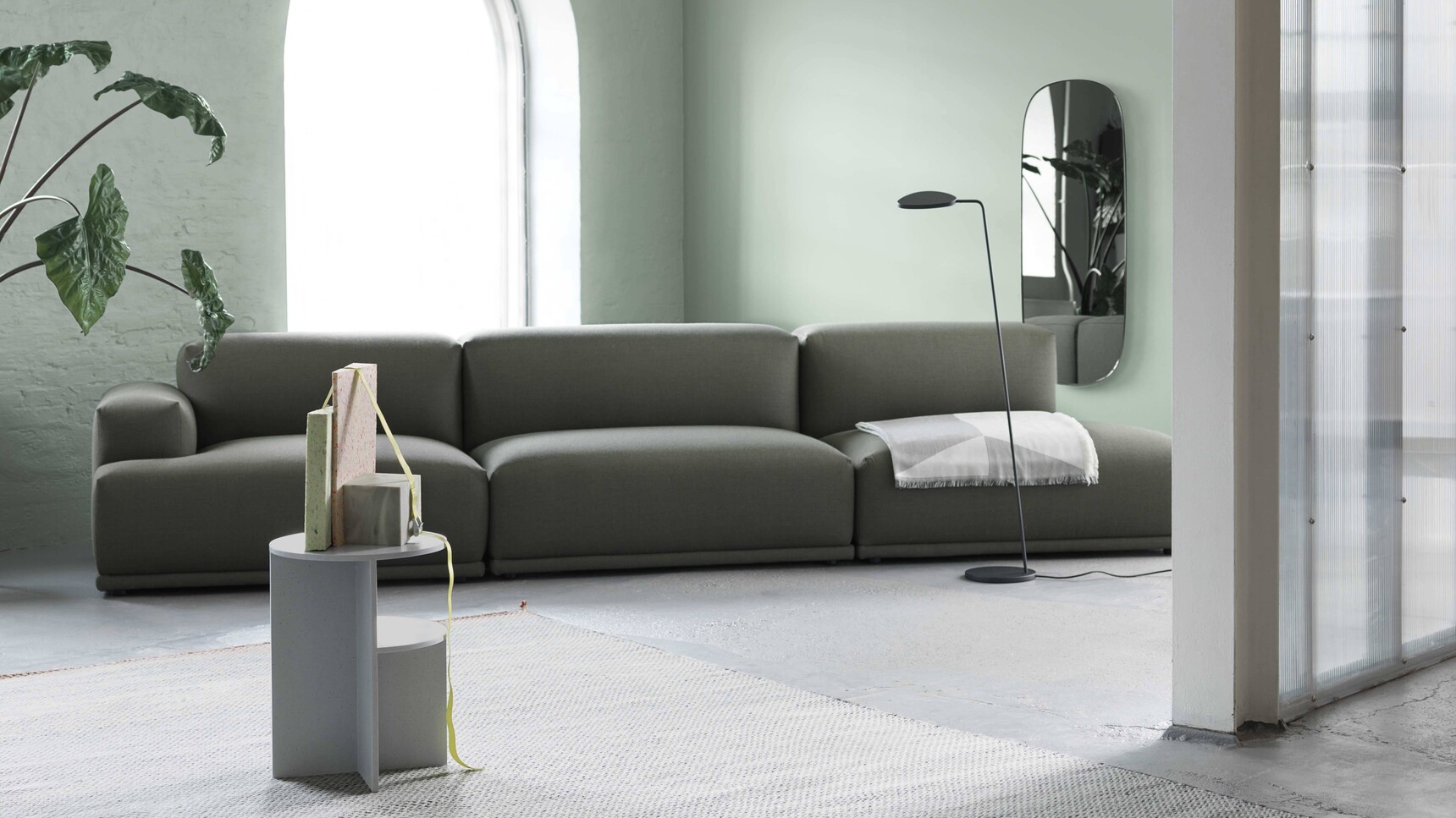 Muuto Connect Sofa Fiord 961 Halves Ply Leaf Floor Lamp Framed Mirror Family Image