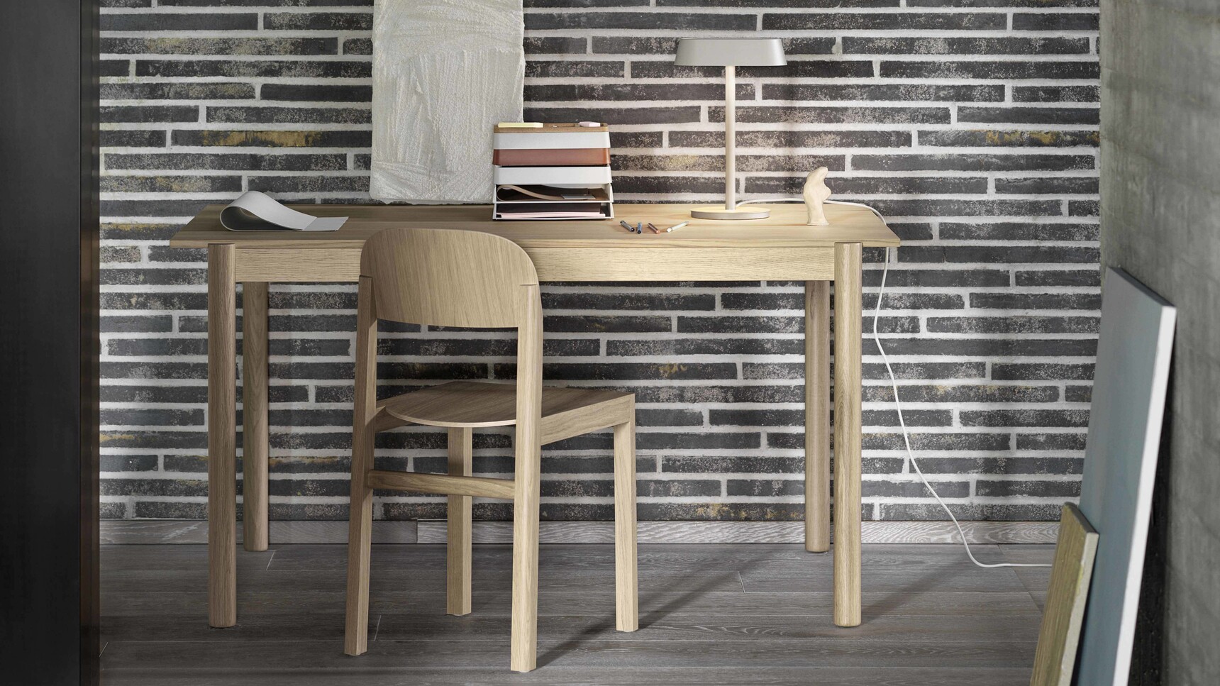 Muuto Linear Wood Table 140 Workshop Chair Linear Table Lamp Grey Arrange Grey Terracotta V2 Family Image