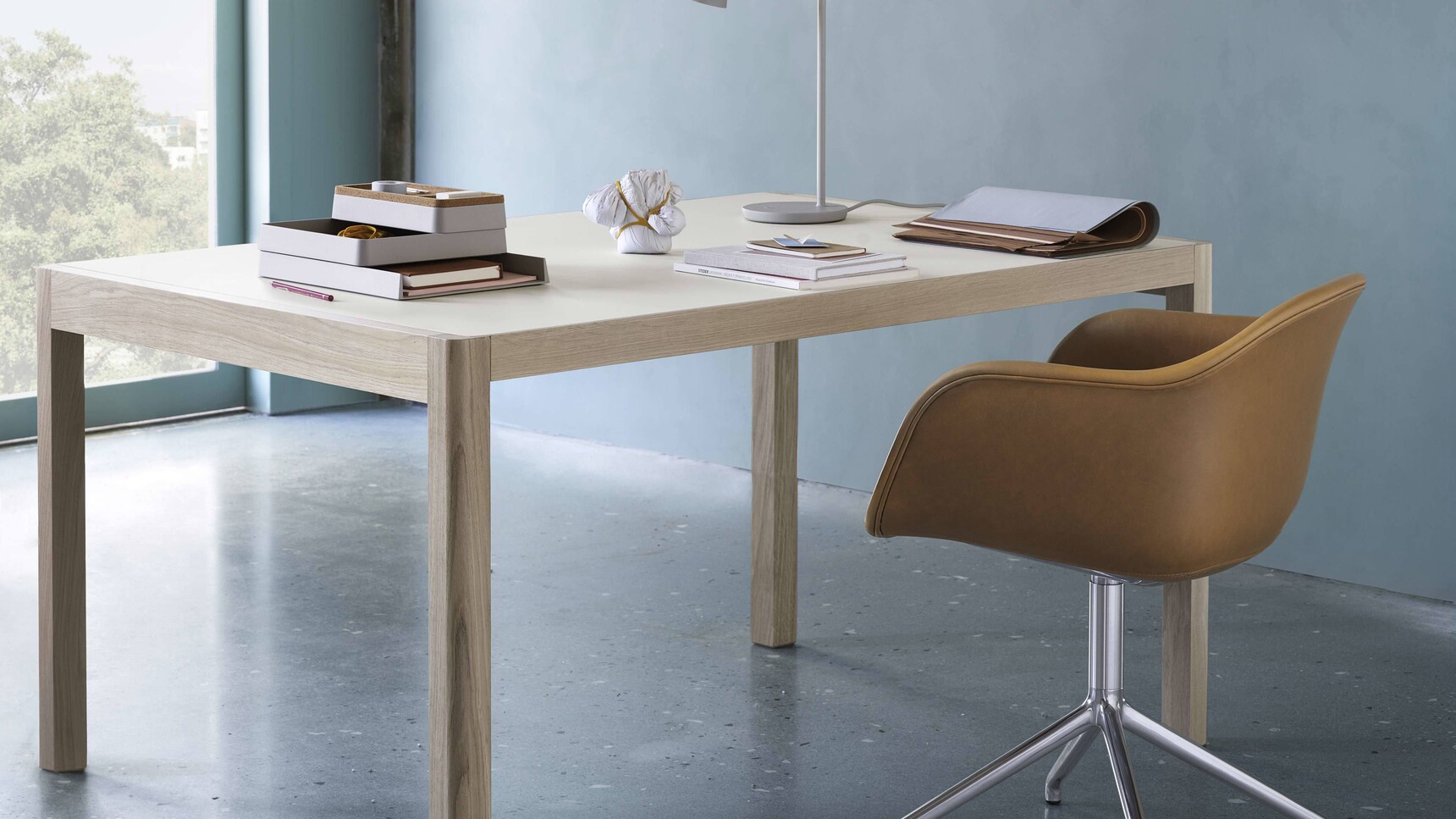 Muuto Tip Table Lamp Grey Arrange Workshop Table Linoleum Oak Fiber Armchair Cognac Leather Alu Folded Family Image